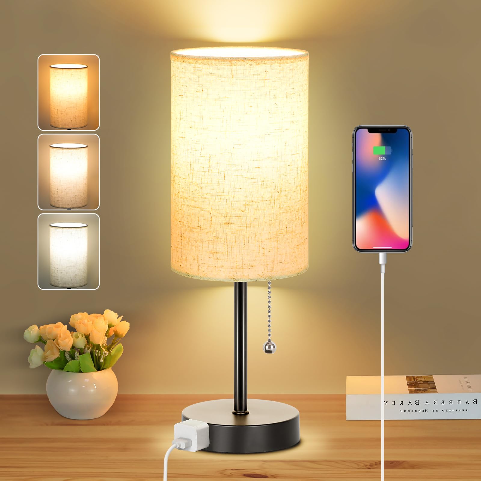 Dott Arts 3-Color Adjustable Table Lamp with Pull Chain - Bedside Nightstand Lamp for Bedroom & Living Room, AC Outlet Small Desk Lamp (Bulb Included) - Perfect for Reading, Relaxing & Ambient Lighting