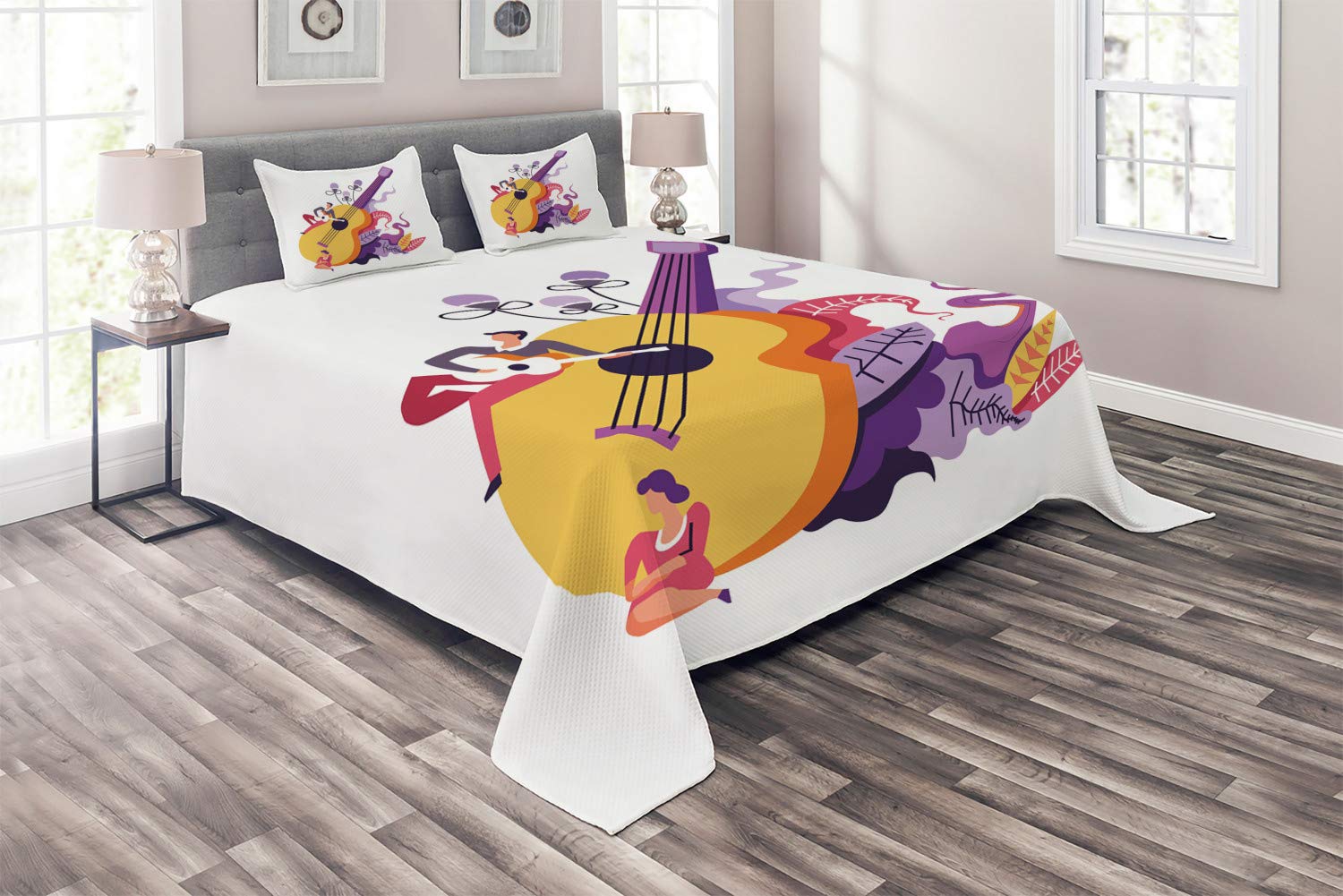 Ambesonne 3-Piece King Size Quilted Bedspread Set with 2 Pillow Shams - Guitarist Performance Floral Design in Mustard & Multicolor | Perfect for Music Lovers' Bedroom Decor, Guest Room & Bohemian Style Homes