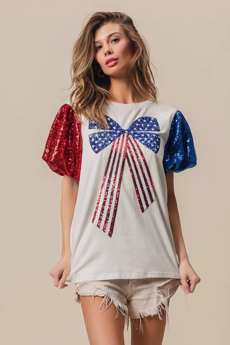 BiBi Sequin American Flag Bow Top - Patriotic Glamour for Women | Perfect for 4th of July, Independence Day & USA Themed Parties