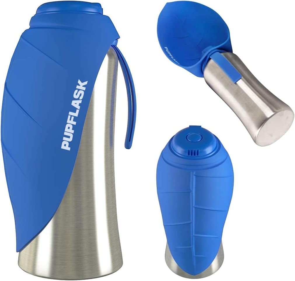 Tuff Pupper Dog Water Bottle Holder with PupFlask - 27oz Portable Pet Water Bottle for Hiking, Walking & Outdoor Adventures - Blue