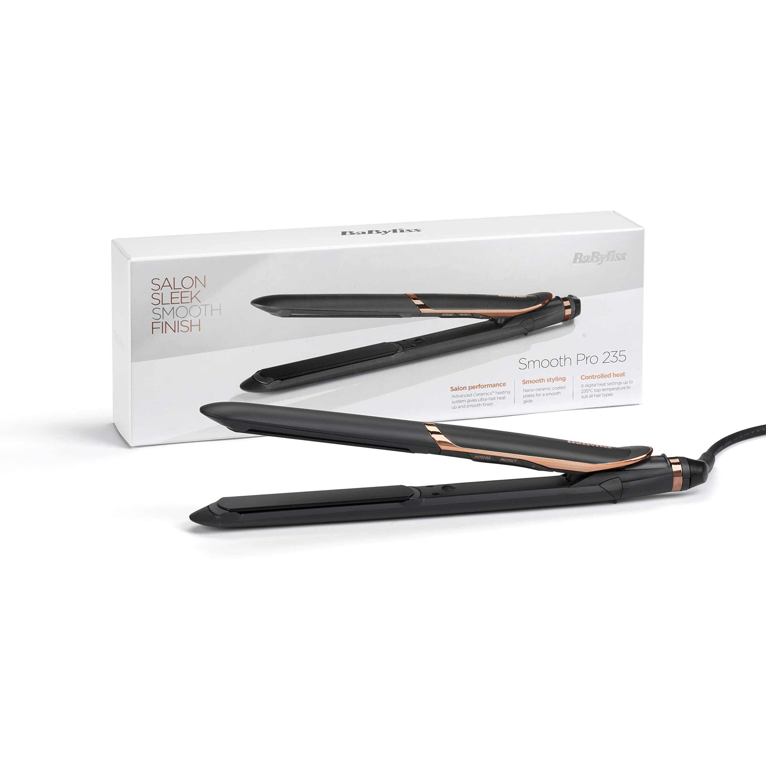 BaByliss Smooth Pro 235 Hair Straightener - Ionic Ceramic Flat Iron with 6 Heat Settings (140°C-235°C) for Salon-Quality Smoothing & Frizz Control | Perfect for Home Use, Travel & Professional Styling