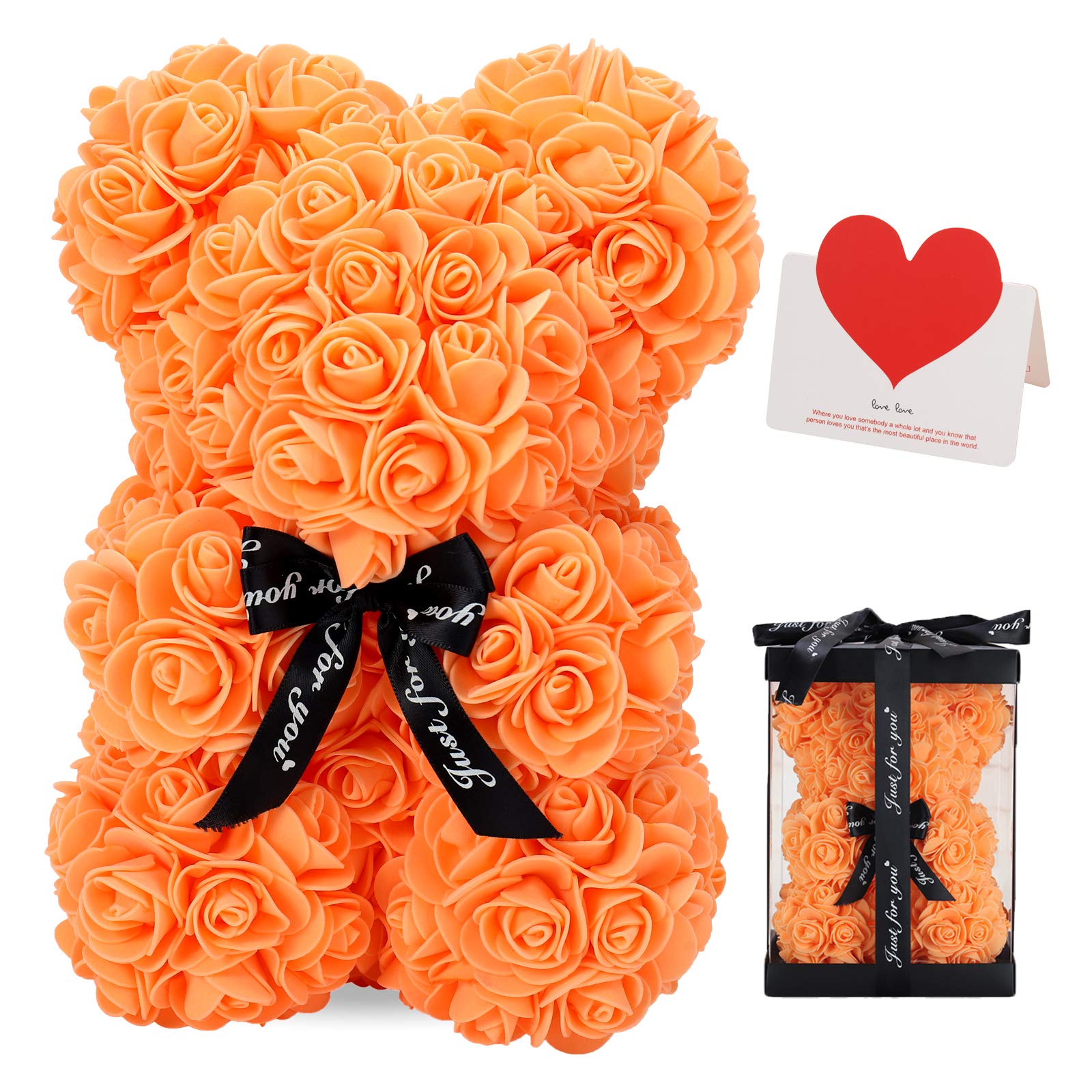 LINKLO 10-inch Rose Teddy Bear - Artificial Rose Flower Bear Gift for Valentine's Day, Wedding, Mother's Day & Anniversary - Orange Floral Bear in Transparent Gift Box - Perfect for Romantic Surprises, Wedding Decor & Special Occasion Gifts