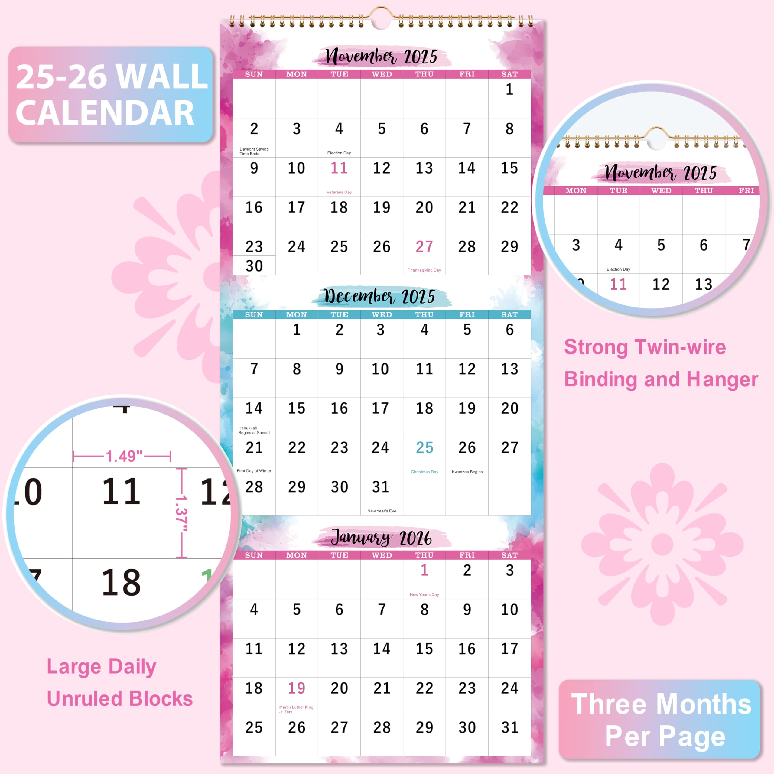 2025-2026 Wall Calendar - 3 Month Vertical Planner from May 2025 to June 2026 | 11