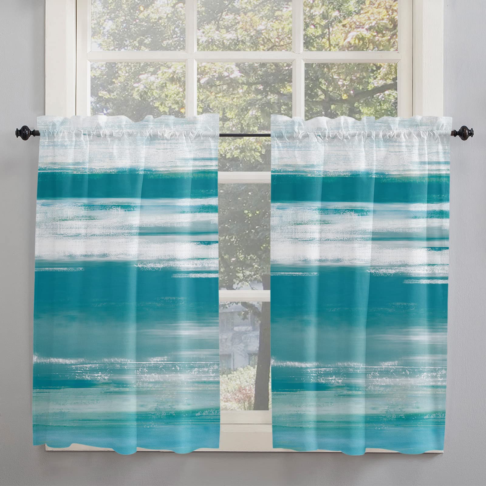 Rod Pocket Valance Curtains for Kitchen & Bathroom - Turquoise Teal White Textured Window Valances, Abstract Art Design, 2 Panels Set - Perfect for Living Room, Bedroom & Home Decor