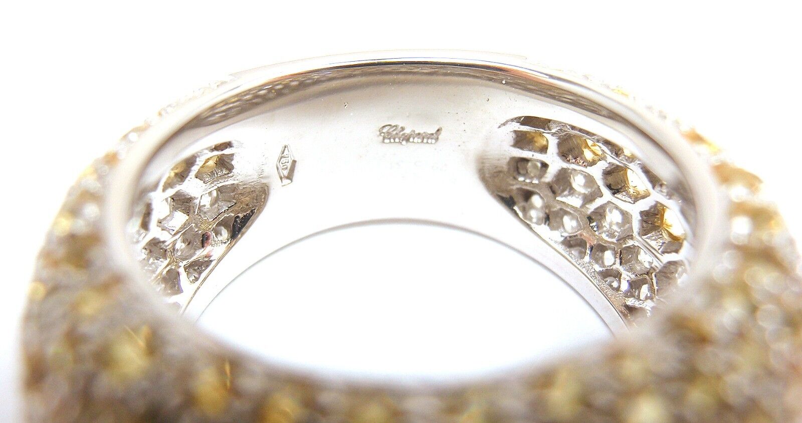 Authentic Chopard 18K White Gold Yellow Sapphire Diamond Wave Wide Band Ring for Women - Luxury Statement Jewelry for Weddings, Anniversaries & Special Occasions