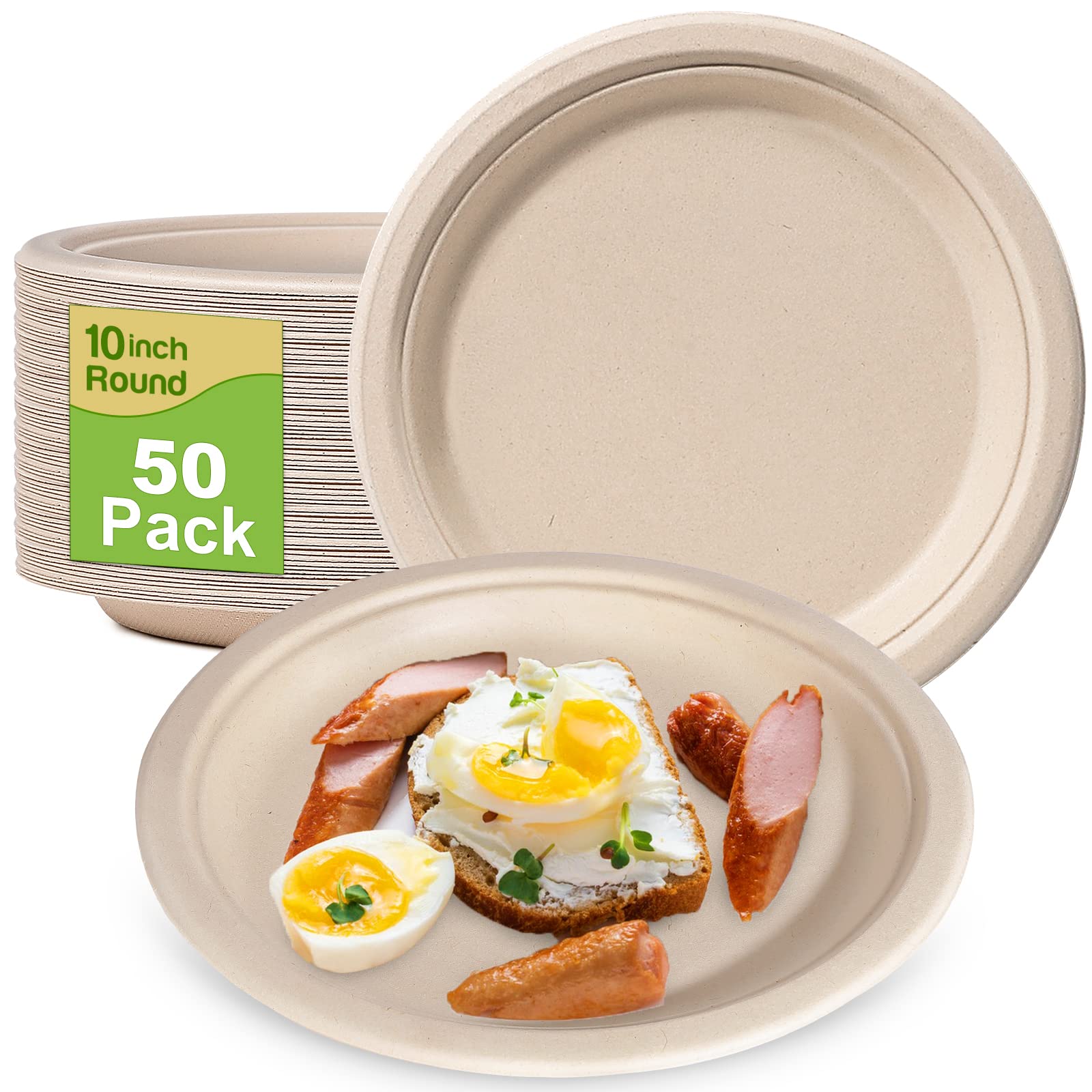 10 Inch Compostable Paper Plates - 50 Pack Heavy Duty Eco Friendly Disposable Plates | Sturdy Brown Recycled Paper Plates for Parties, Picnics, BBQs & Outdoor Dining