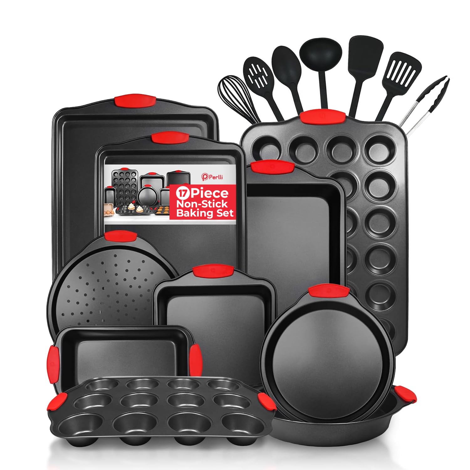 PERLLI Non-Stick 17-Piece Baking Pan Set - BPA-Free Carbon Steel Bakeware with Silicone Handles, Stackable Oven Safe Cookie Sheet & Baking Tray Set (446°F) - Perfect for Cookies, Cakes, Bread & Roasting Vegetables