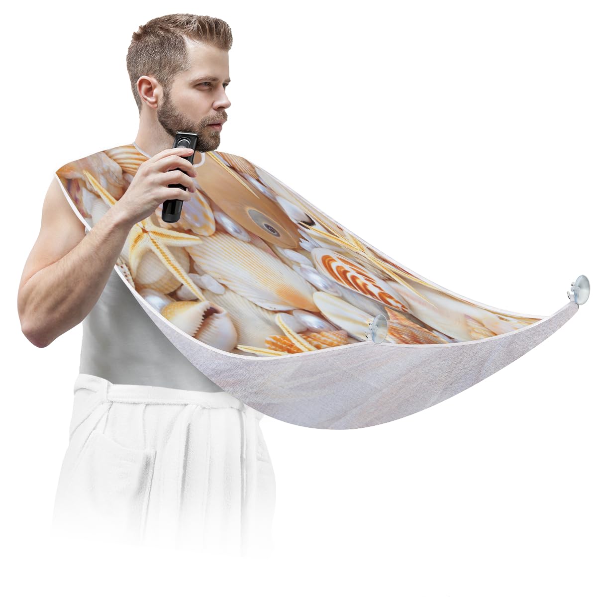 Non-Stick Beard Bib with Suction Cups - Men's Shaving Apron & Hair Catcher for Grooming - Summer Beach Seashell Pearl Design - Perfect Birthday Gift for Husband & Dad - Ideal for Home Barbershop & Travel Shaving