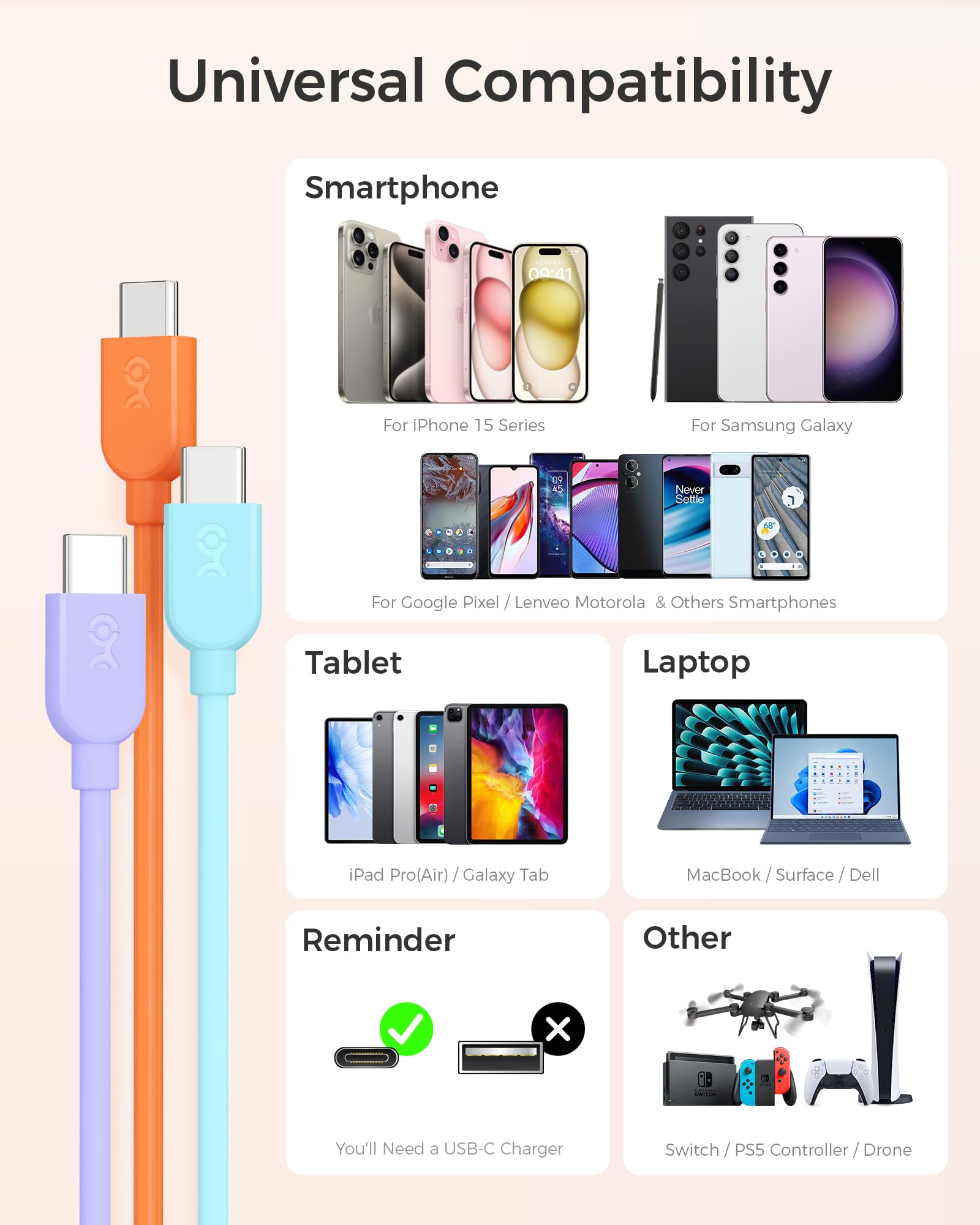 Cable Matters 3-Pack 6ft USB C Charging Cable - Extreme Flexible, 60W Fast Charging & 480Mbps Data Transfer - Compatible with iPhone 16/15, Galaxy S24, iPad Pro, Apple CarPlay & Android Auto (Orange, Blue, Purple) - Perfect for Home, Office & Car Charging