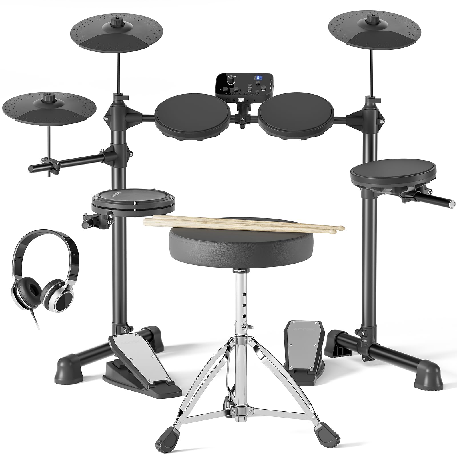 **AODSK AED-400 Electronic Drum Set for Beginners & Kids – 150 Sounds, 4 Quiet Drum Pads, 2 Switch Pedals, Drum Throne, Drumsticks & On-Ear Headphones – Perfect for Home Practice, Music Lessons & Quiet Play**