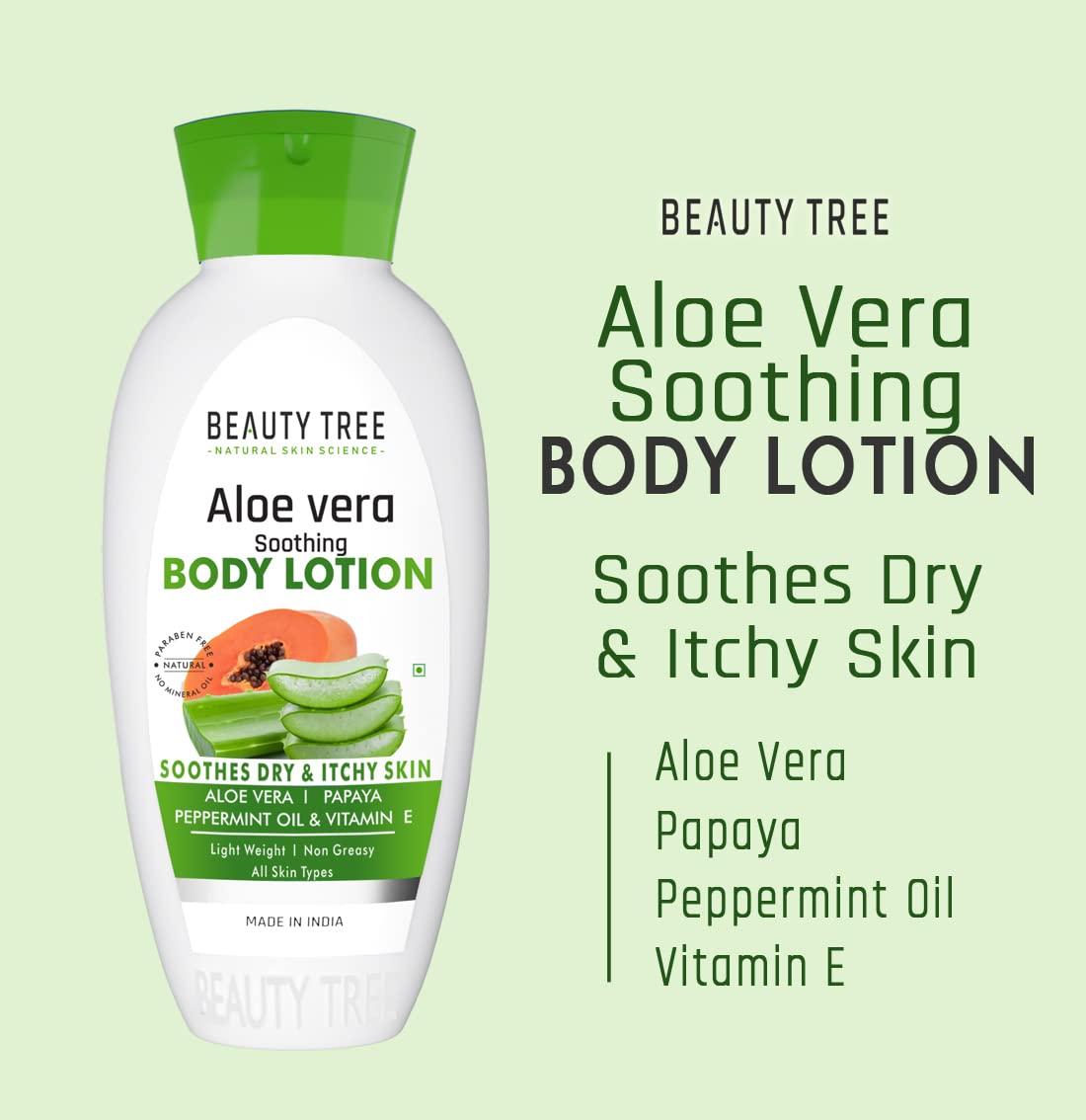 BEAUTY TREE Aloe Vera Soothing Body Lotion with Papaya, Peppermint Oil & Vitamin E - Lightweight Moisturizer for All Skin Types - 400ml - Perfect for Dry Skin Relief & Daily Hydration After Shower