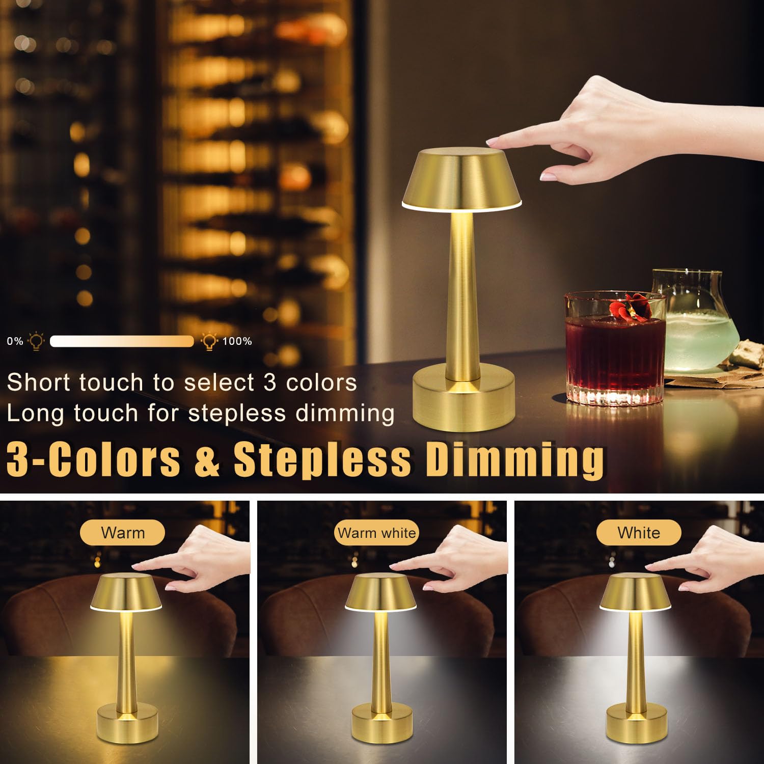 UMEXUS Gold Cordless Rechargeable Table Lamp - 3-Way Dimmable Touch Control Mini Night Light for Bedroom, Bar, Restaurant & Outdoor Use | Portable Battery Operated Metal Desk Lamp for Home Decor & Ambient Lighting