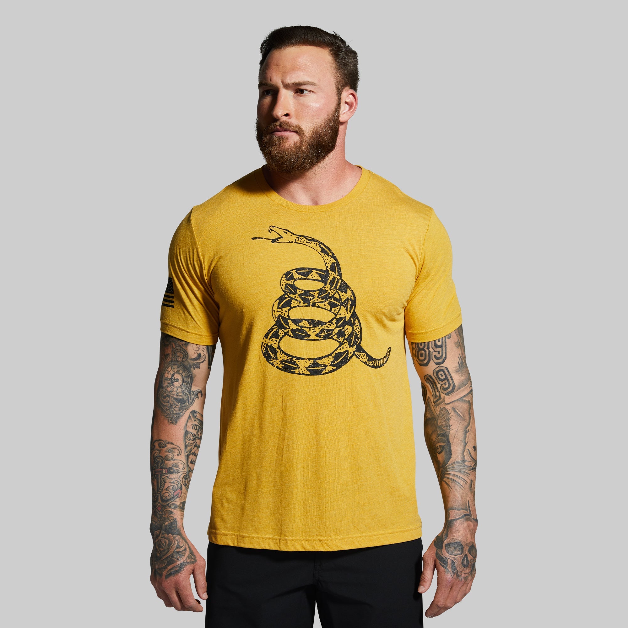Gadsden Flag T-Shirt in Mustard Yellow - Patriotic American Revolution Style Cotton Tee for Men & Women - Perfect for 4th of July, Political Rallies & Historical Reenactments