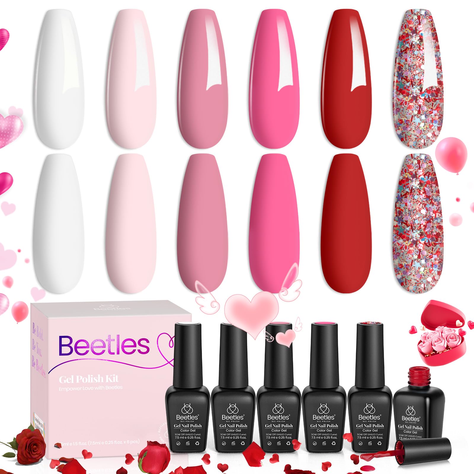 Beetles 6 Colors Pink Gel Nail Polish Set - Soak Off UV LED Nail Kit with Red, Nude, Pink, White & Glitter Shades | Fall in Love Collection | Perfect for Home Manicures, Nail Salon Use & Gift for Women & Girls