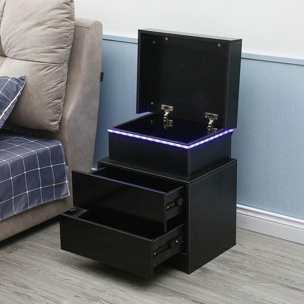 TBVECHI Modern Nightstand with 2 Drawers & RGB LED Lights - Black Bedside Table for Bedroom, Living Room, Office - Perfect as End Table, Sofa Side Table with Storage Space