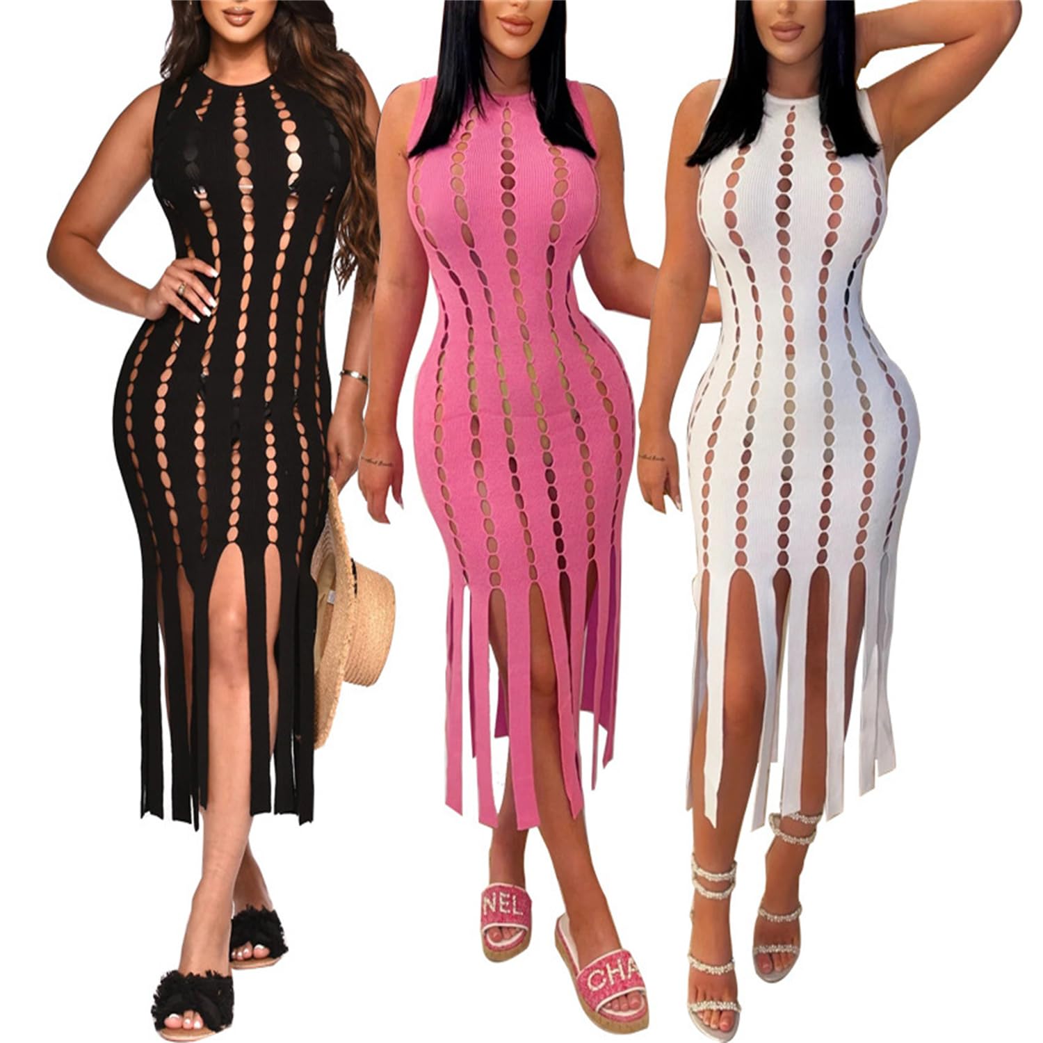 KELYWELL Women's Sexy Sleeveless Hollow Out Bodycon Midi Dress with Tassel - Elegant Party, Evening, Club Wear for Night Out & Special Occasions