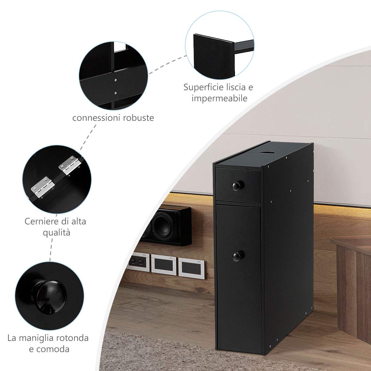 Slim Bathroom Storage Cabinet - Narrow Toilet Paper & Essentials Organizer for Small Spaces, Modern Bathroom Counter Cabinet & Nightstand for Bedroom, Living Room, Office - Space-Saving Storage Solution (Black) | Perfect for Apartments, Dorms & Compact Bathrooms