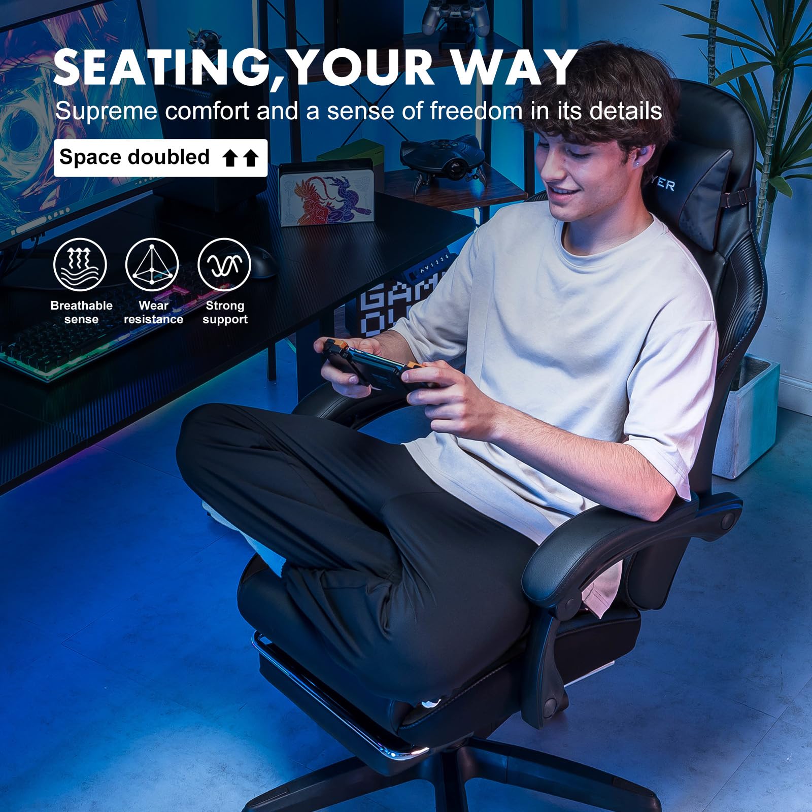 GTPLAYER Ergonomic Gaming Chair - High Back PU Leather Office Chair with Adjustable Height, Footrest & Lumbar Support - Removable Cover for Easy Cleaning - Perfect for PC Gaming, Home Office & Work (Black)