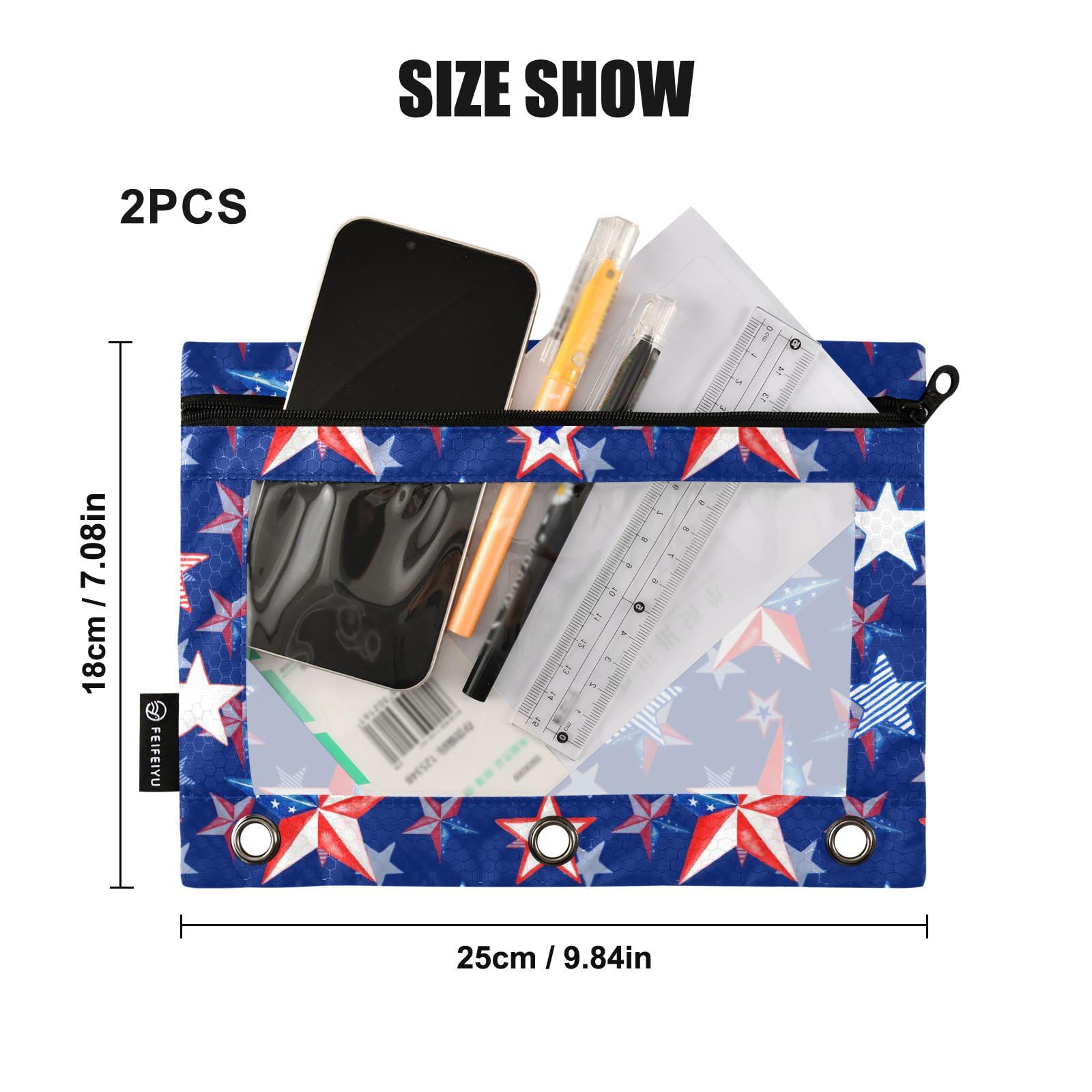 USA Stars Watercolor Pencil Pouch - 2 Pack Zippered Binder Pouch with Clear Window for 3-Ring Binders | Patriotic 4th of July School & Office Supplies | Perfect for Students, Teachers & Home Organization