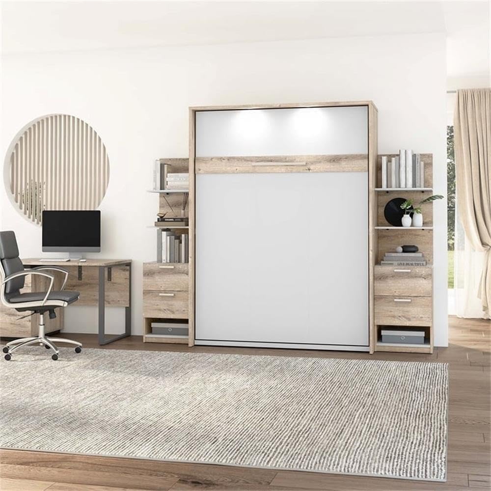 Modern Wood Queen Murphy Bed with Nightstands - Rustic Brown & White Finish - Space-Saving Wall Bed for Small Apartments, Guest Rooms & Home Offices