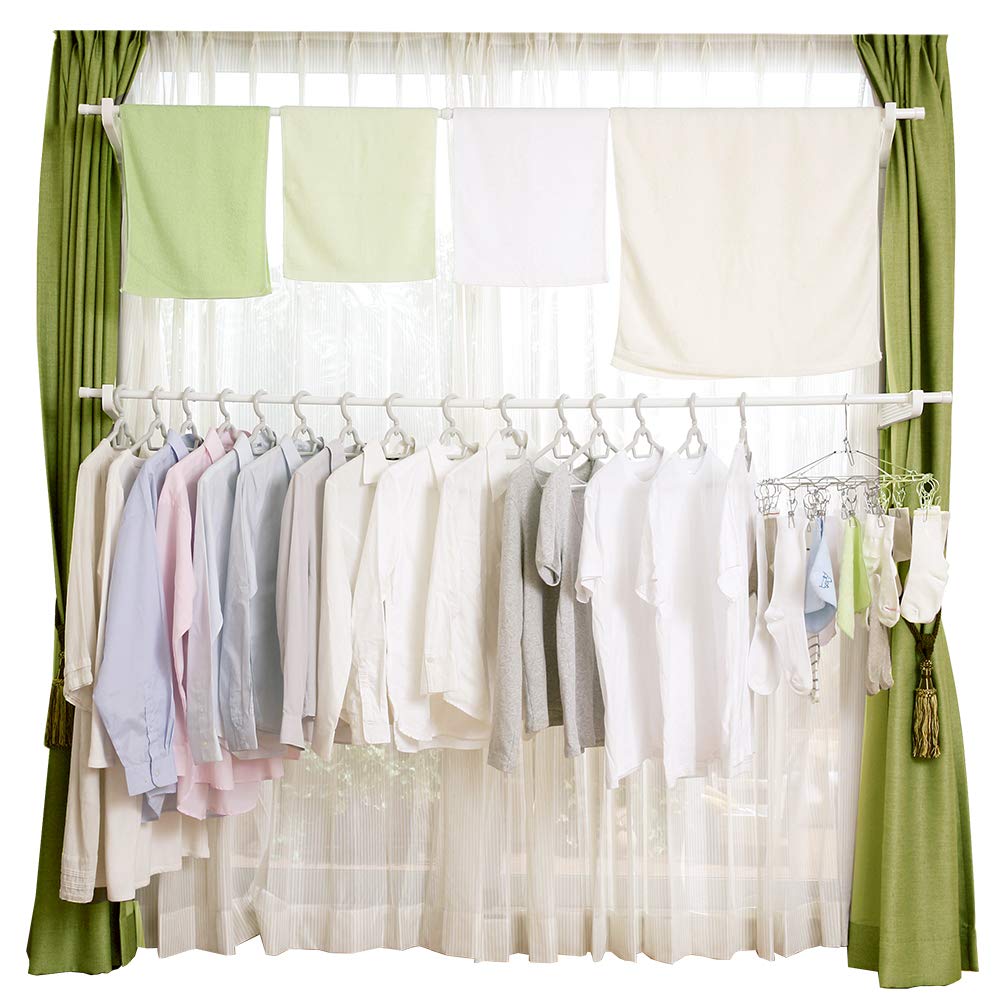 Iris Ohyama White Window Frame Clothesline - Adjustable Indoor/Outdoor Drying Rack for Laundry, Towels & Delicates - Space-Saving Home & Apartment Solution