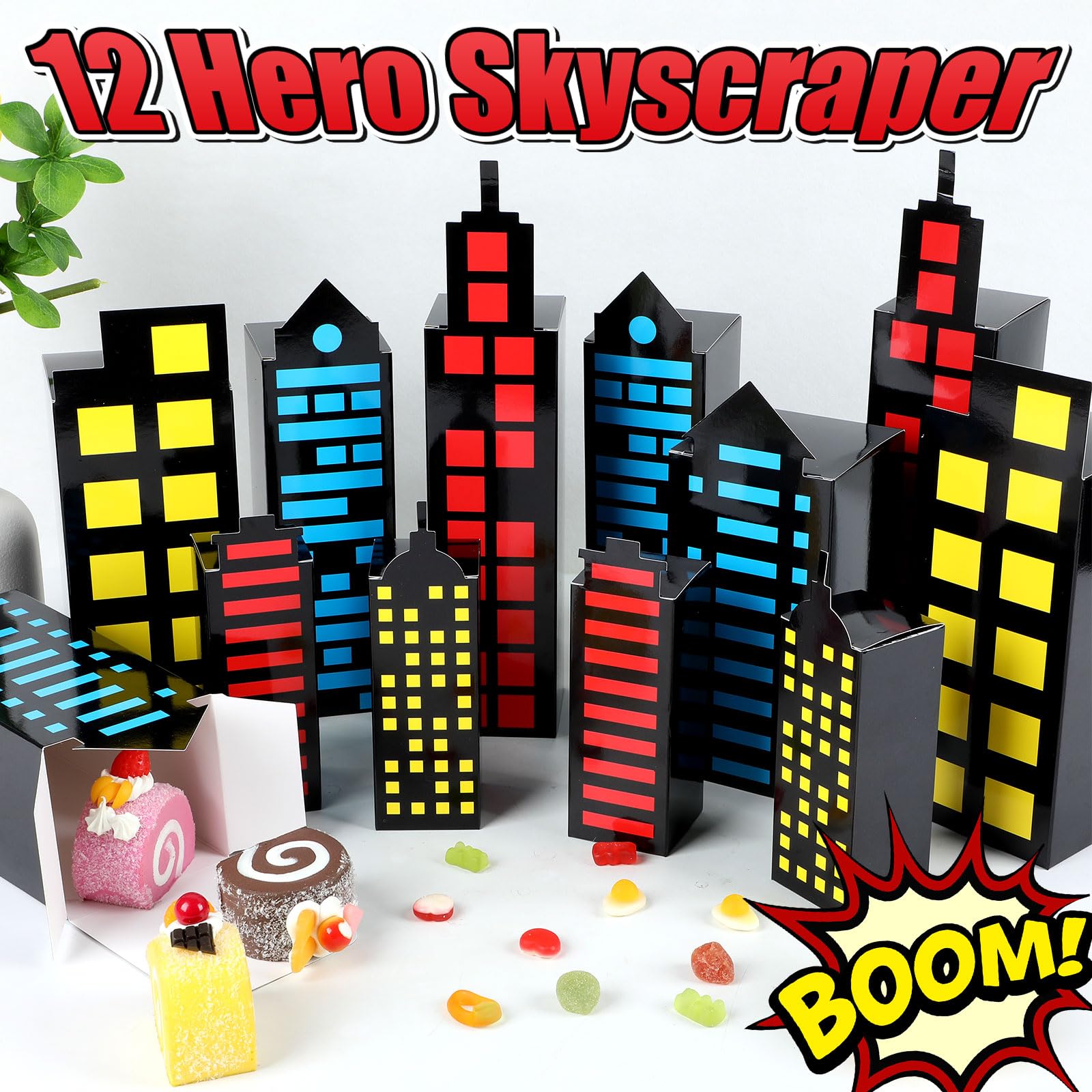 12Pcs Skyscraper City Party Favor Boxes - Superhero Themed Party Decorations with City Skyline Buildings - Candy & Treat Boxes for Boys & Girls Birthday Party Supplies - Perfect for Superhero, City-Themed Parties & Birthday Favors