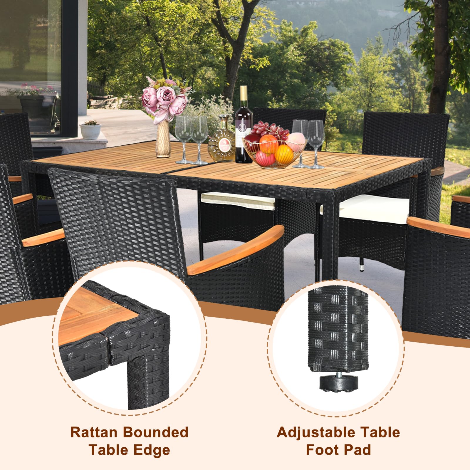 VINGLI 7-Piece Patio Dining Set - Outdoor Wicker Furniture with Acacia Wood Table & 6 Chairs for Garden, Yard, Backyard, and Poolside Entertaining