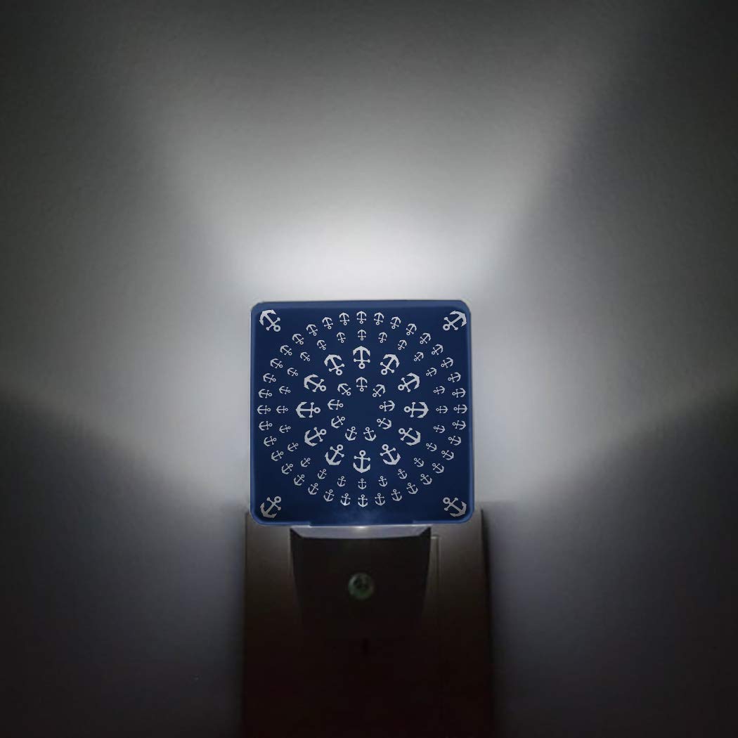 **LED Night Light Plug-in with Auto Sensor, White Nautical Anchor & Navy Blue Background - Bedroom, Nursery, Hallway, Bathroom Night Light for Kids, Girls & Adults**