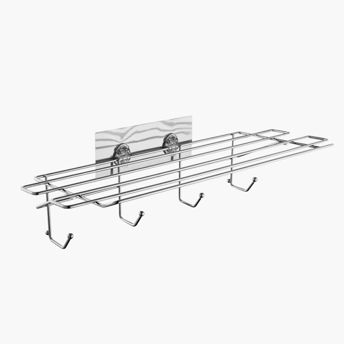 Stainless Steel Shower Shelf & Bath Towel Holder - No Drill Adhesive Wall Mounted Towel Rack with Hooks & Storage Shelf (19.88 Inch) - Perfect for Bathroom, Hotel & Spa Organization - LT-82010