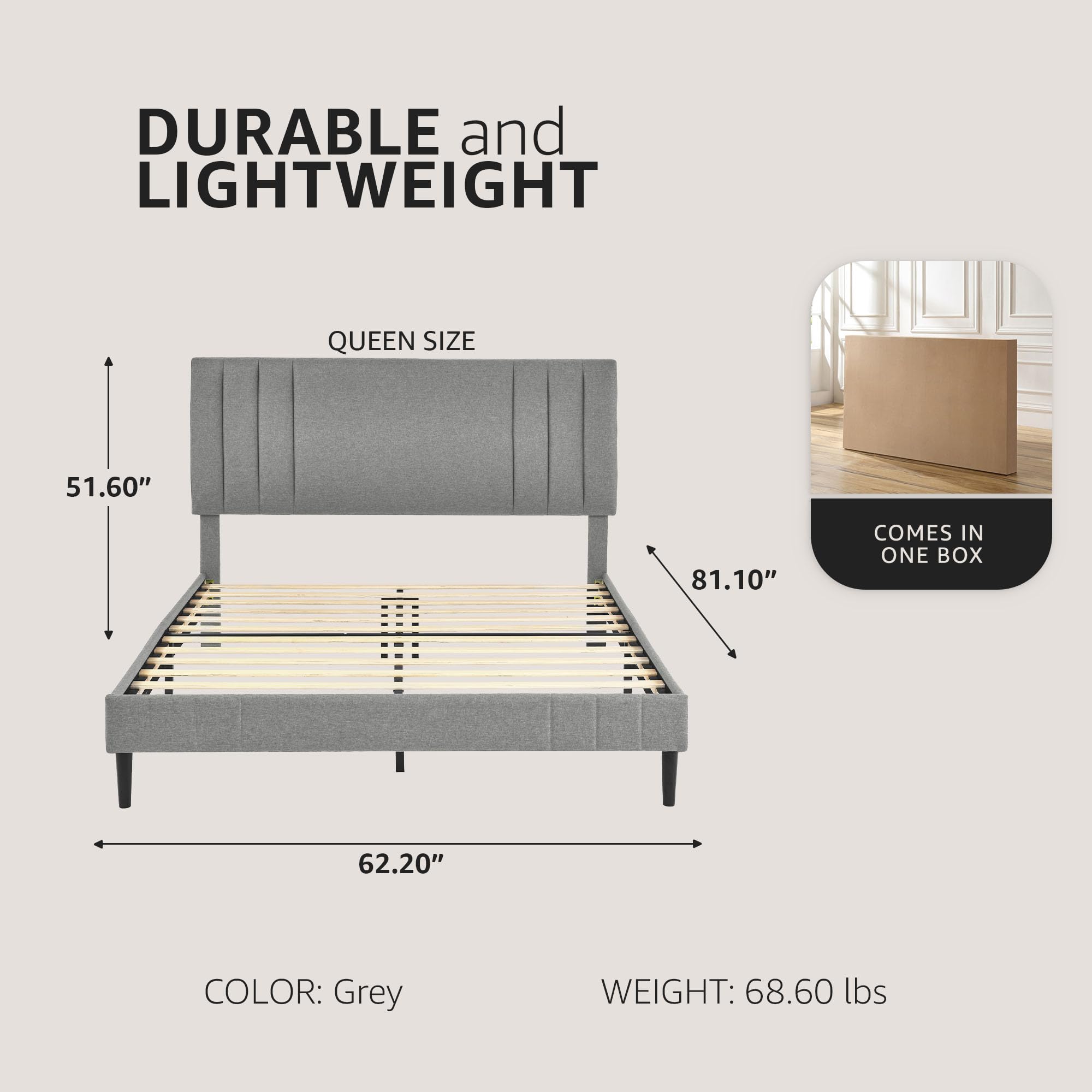 Modern Tufted Upholstered Queen Bed Frame with Platform - Grey Fabric Headboard for Chicago Style Bedroom | Perfect for Master Bedroom, Guest Room & Apartment Decor