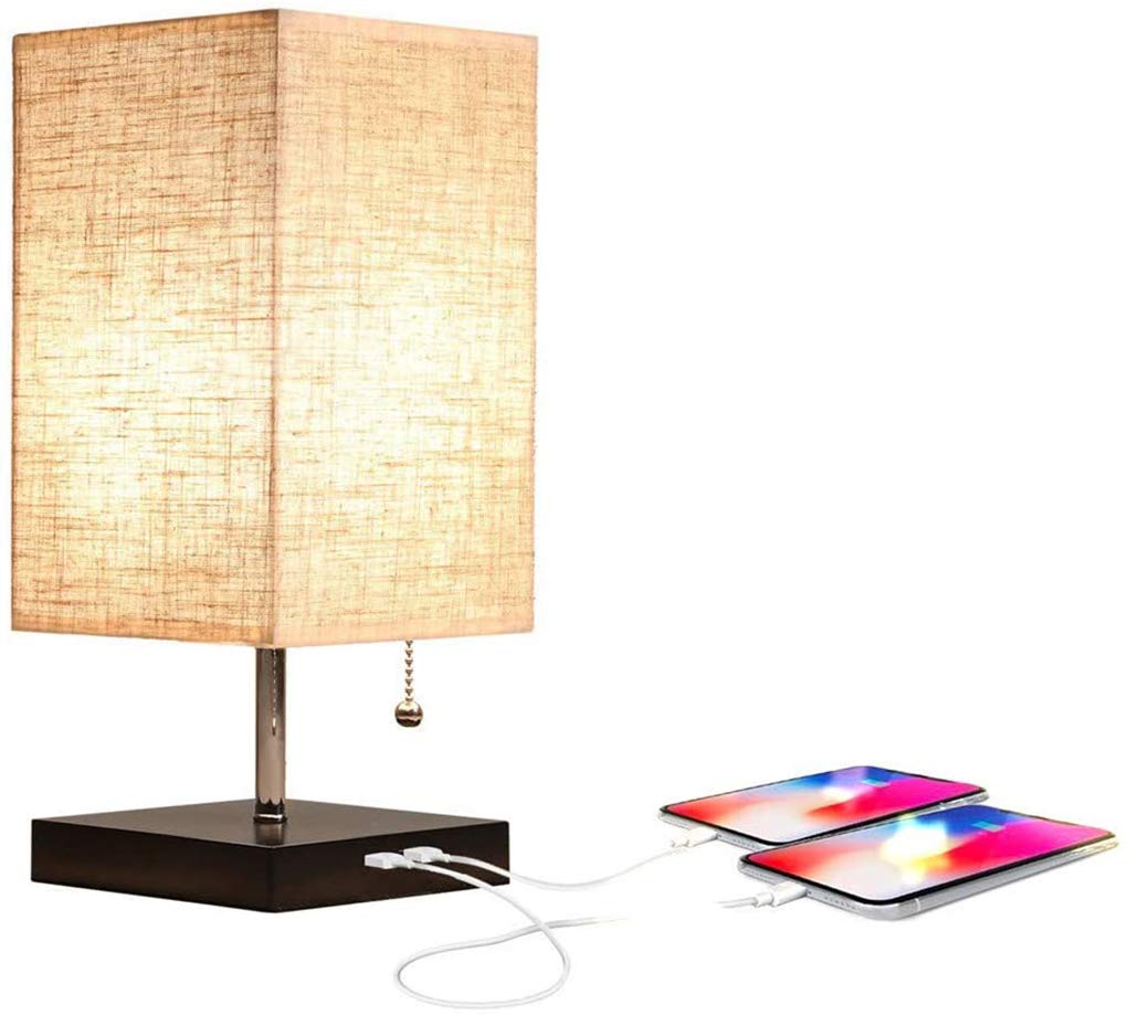 Siljoy Minimalist USB Bedside Table Lamp - Modern Nightstand & Desk Lamp with 2 Fast Charging Ports, Square Fabric Linen Shade - Perfect for Bedroom, Study, Living Room - Ideal for Reading, Charging Devices & Creating Cozy Ambiance