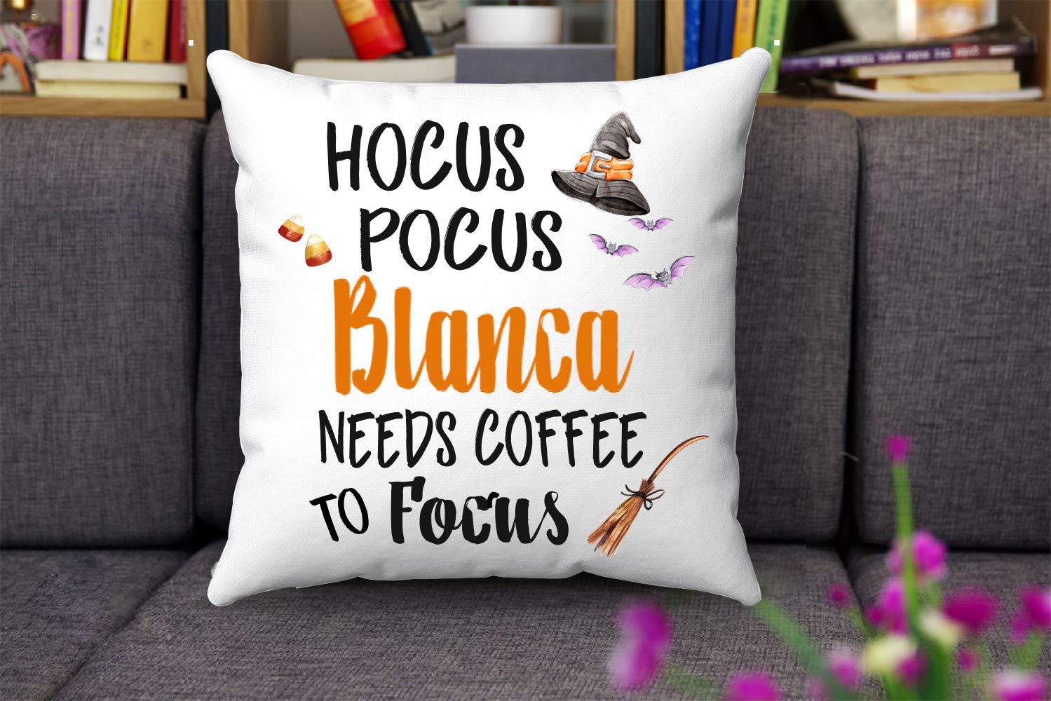 Halloween Throw Pillow Cover 18x18 - Hocus Pocus 'Blanca Needs Coffee to Focus' Funny Cushion Case - Perfect Halloween Gift for Friends & Family - Great for Living Room Decor, Spooky Party Favors, and Seasonal Home Accessories