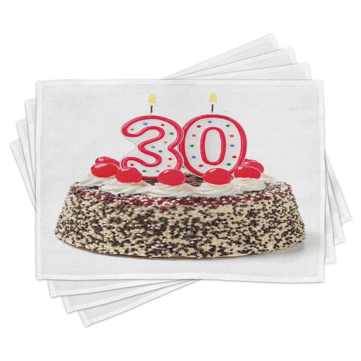 Ambesonne 30th Birthday Place Mats Set of 4 - Washable Fabric Table Mats with Birthday Cake & Candles Design for Dining Room & Kitchen Decor | Perfect for Adult Birthday Parties & Anniversary Celebrations