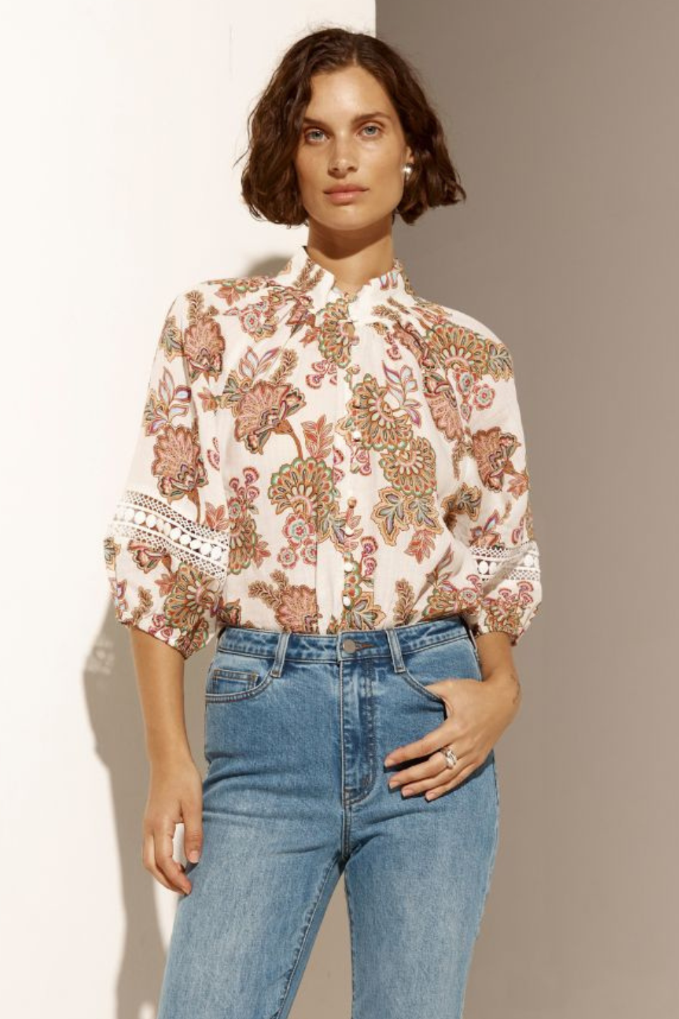 Invoke Cream Paisley High Neck Short Sleeve Blouse for Women - Elegant Floral Print Summer Top for Office, Date Night & Casual Outings