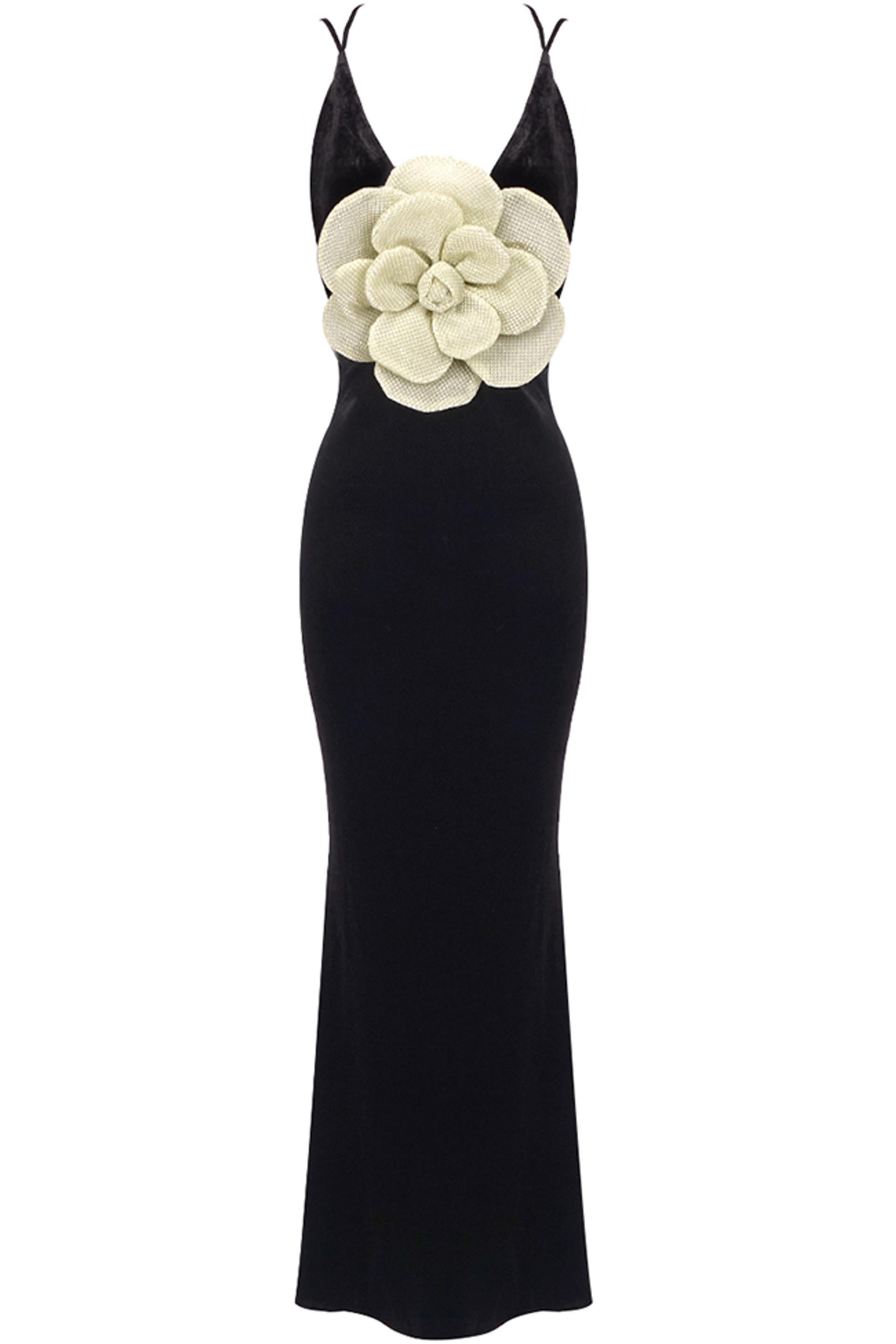 3D Floral Velvet Sleeveless Maxi Dress for Women - Elegant Evening Gown for Parties, Weddings & Special Occasions