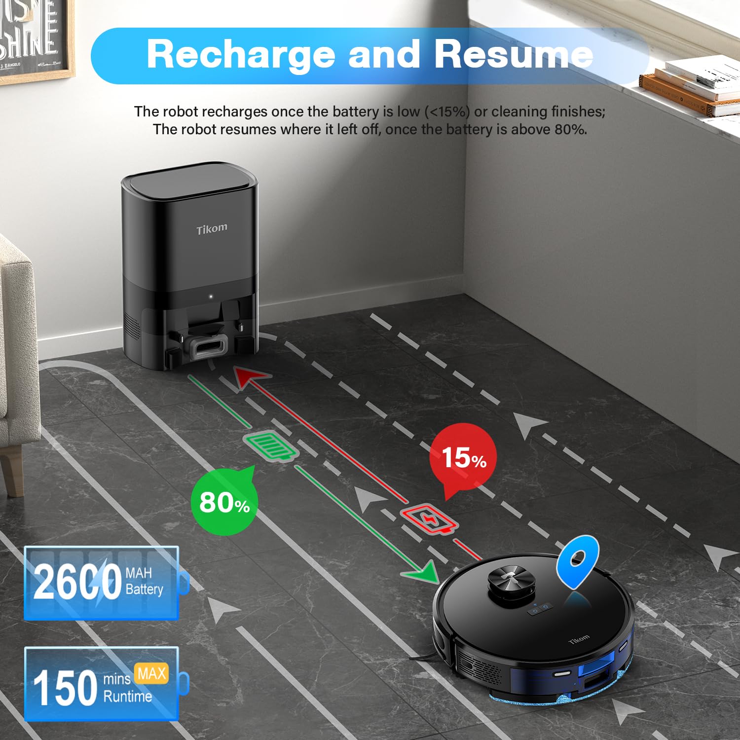 Tikom L9000 Plus Robot Vacuum and Mop Combo with Self-Emptying Base, 60-Day Dustbin Capacity, LiDAR Navigation & Smart Mapping, 4000Pa Strong Suction, 150 Mins Runtime, WiFi/App Control - Ideal for Pet Hair, Hardwood Floors & Carpets in Large Homes