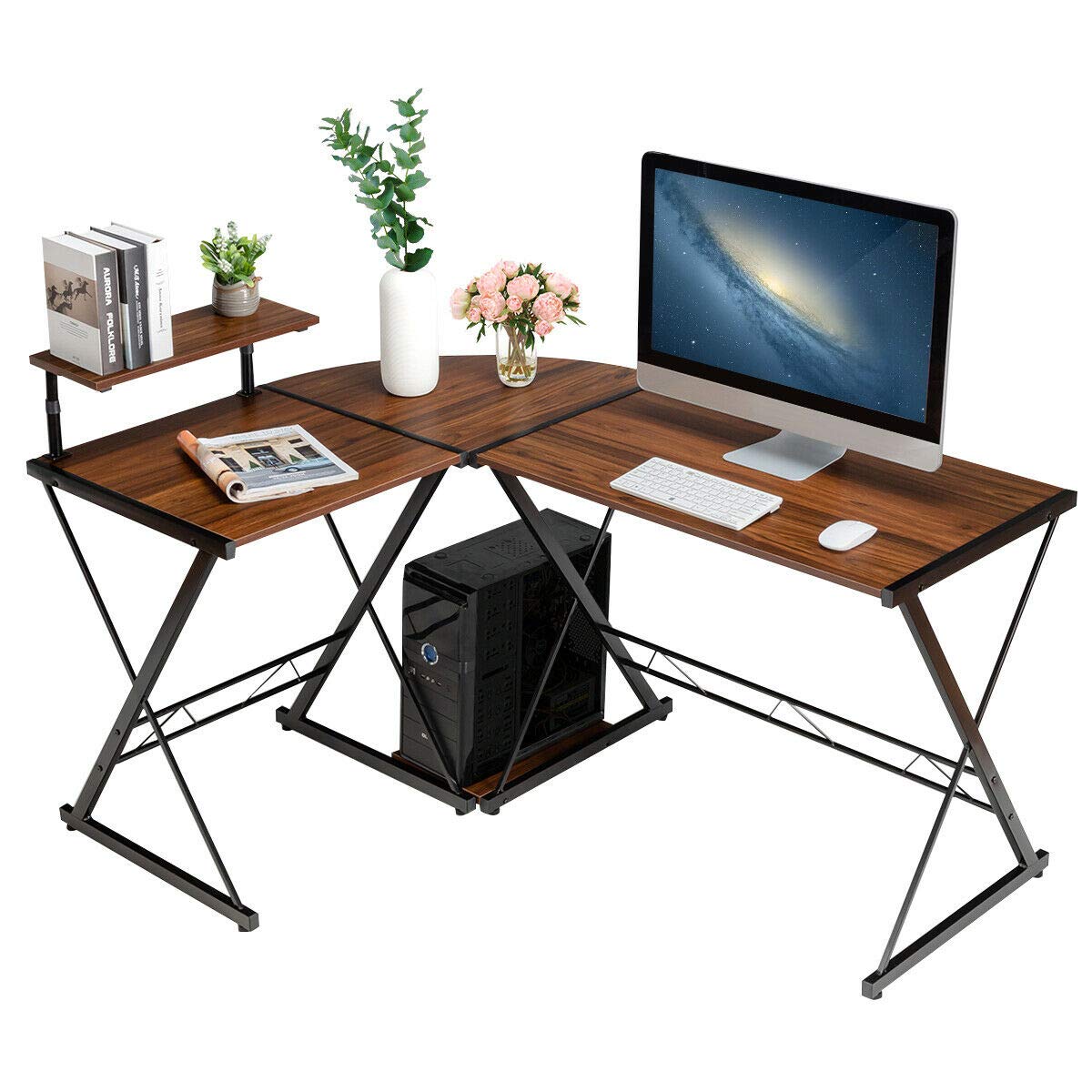 HPW Walnut L-Shaped Computer Desk with Open Storage Shelf & CPU Stand - Home Office Workstation for PC, Laptop, Studying, Reading & Writing - Convertible into 2 Separate Tables for Flexible Workspace Setup