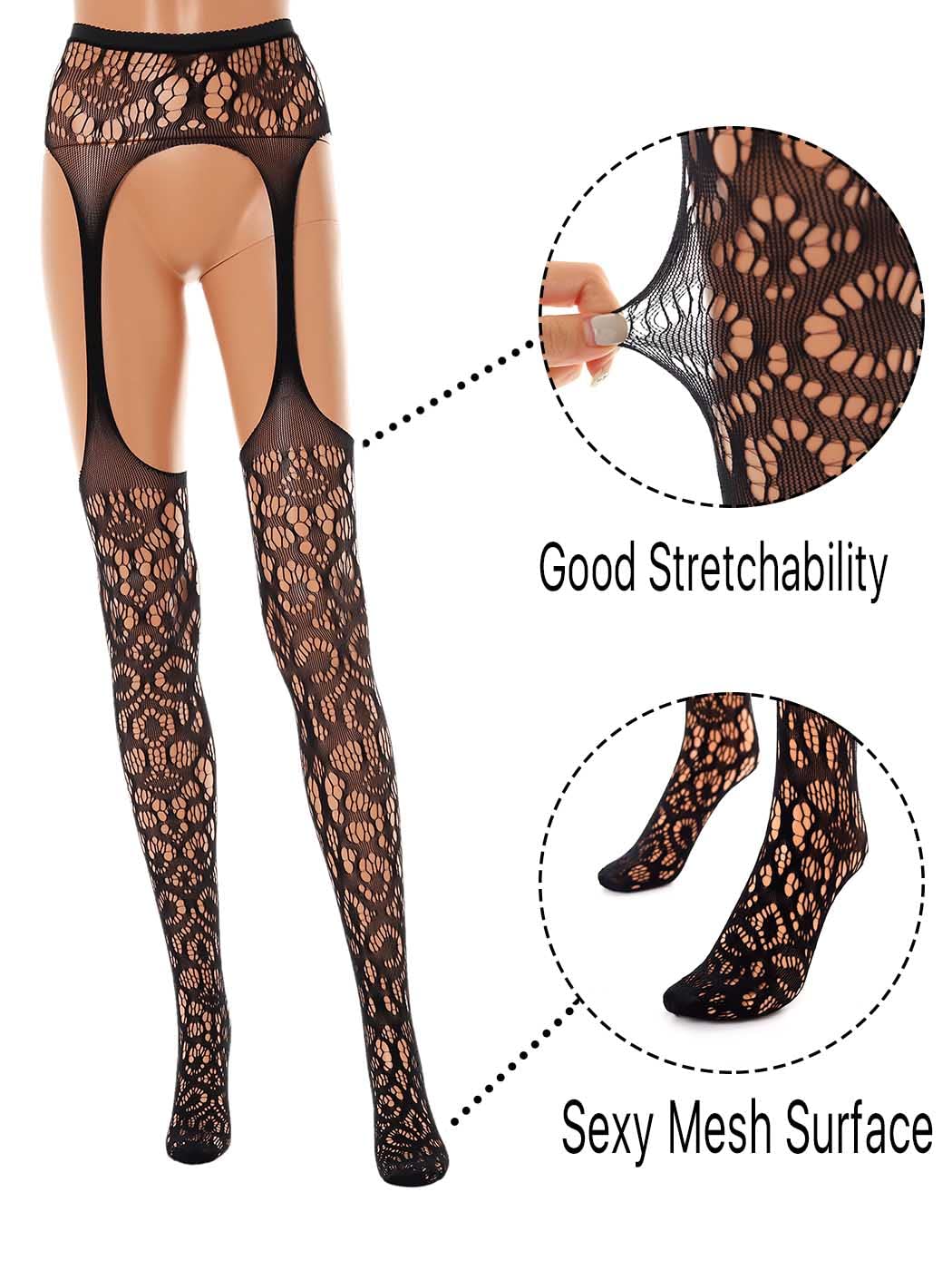 Sexy Black Fishnet Stockings for Women - High Waist Suspender Pantyhose with Lace Trim | Perfect for Cosplay, Halloween, and Burlesque Outfits
