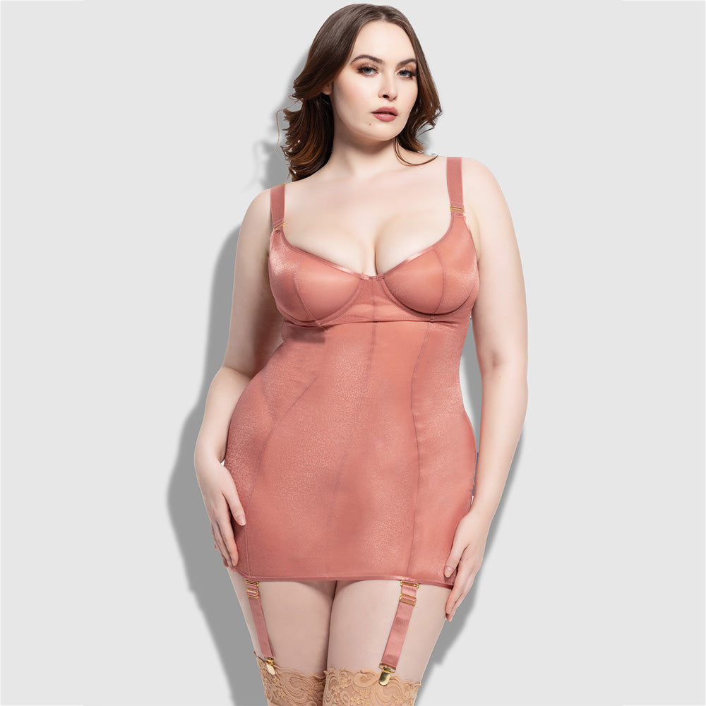 Yvone Sheer Mesh Gartered Chemise & G-String Set for Curvy Women - Sexy Lingerie for Date Night & Boudoir Photography