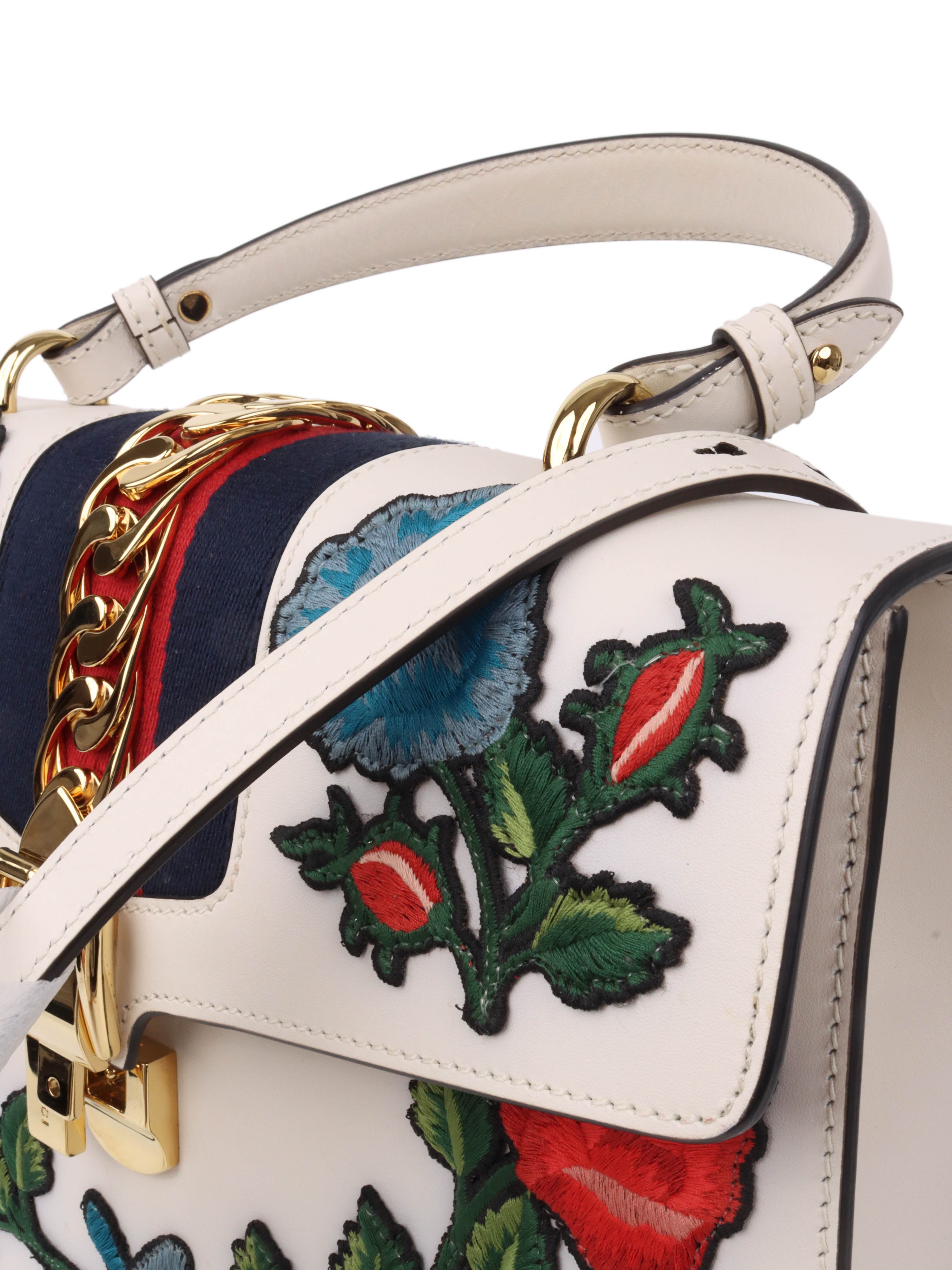 Gucci White Smooth Calfskin Leather Floral Embroidered Medium Sylvie Top Handle Bag for Women | Luxury Designer Handbag for Work, Party & Everyday Use
