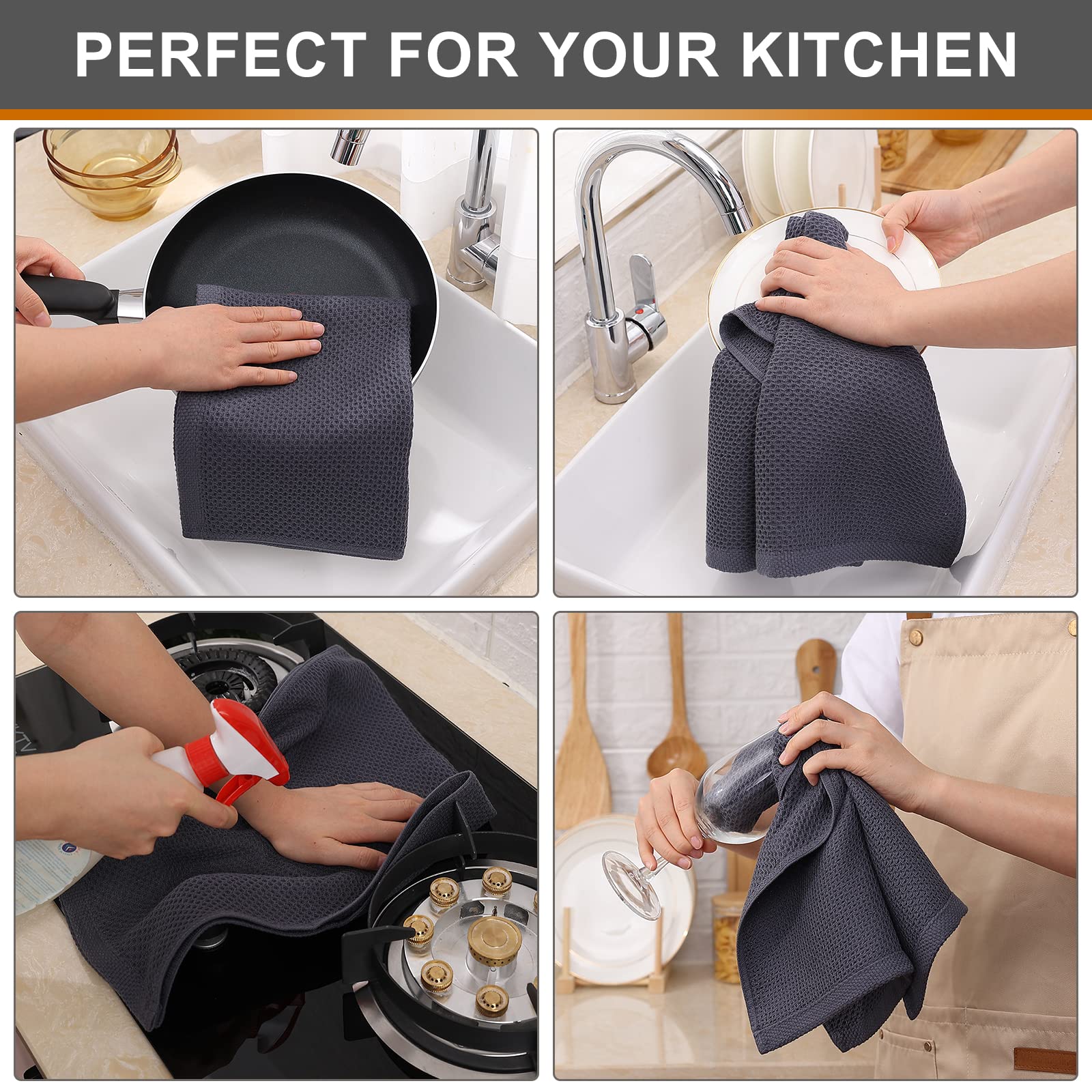 Kitinjoy 4-Pack Cotton Waffle Kitchen Towels - Super Absorbent for Dishes & Hands | Dark Grey