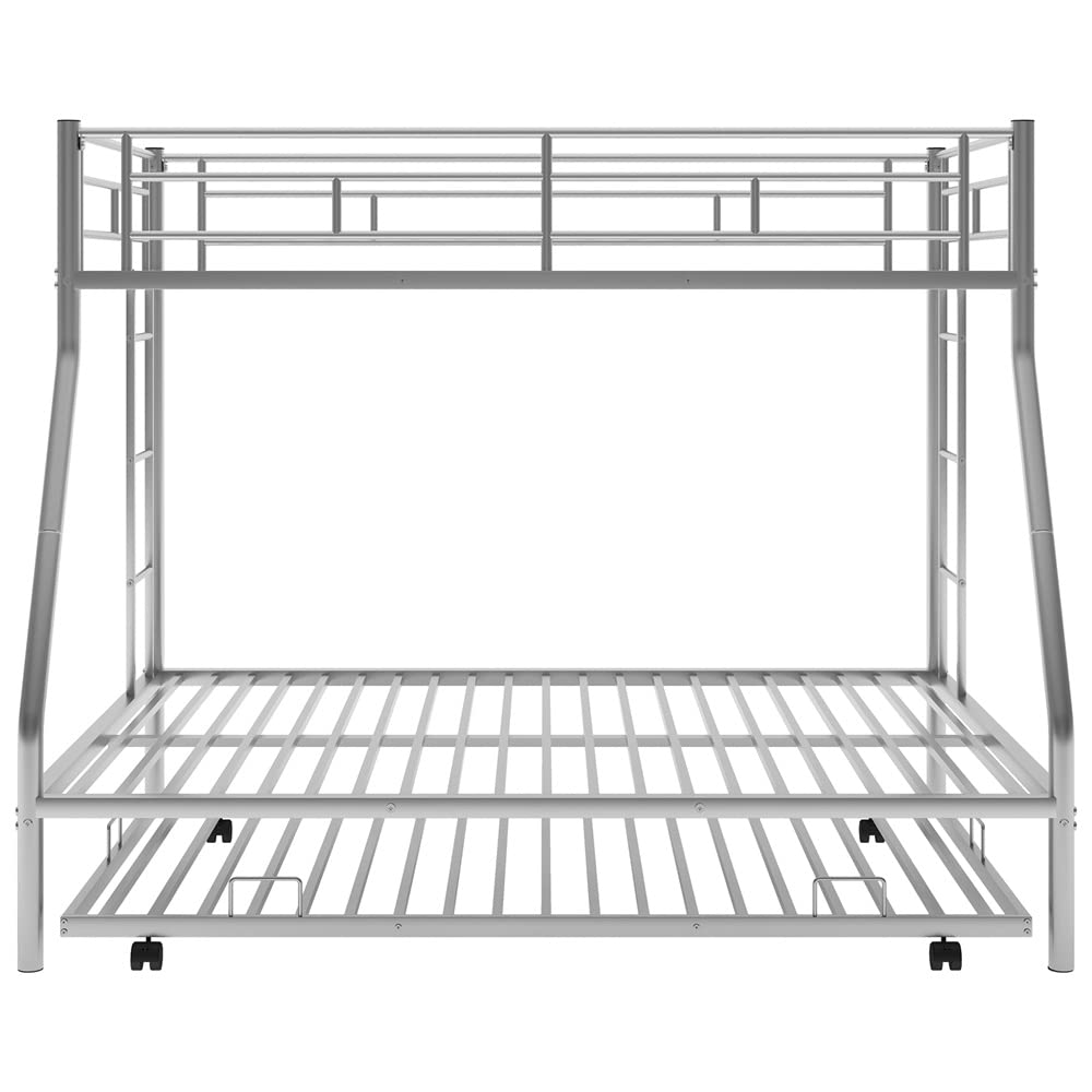 LLS Metal Bunk Bed with Trundle - Twin Over Full Bunk Bed Frame with Full-Length Guardrail & 2 Ladders | Heavy Duty Space-Saving Bunk Bed | Convertible to 2 Separate Beds | No Box Spring Needed | Silver Finish | Perfect for Kids' Rooms, Dormitories & Small Spaces