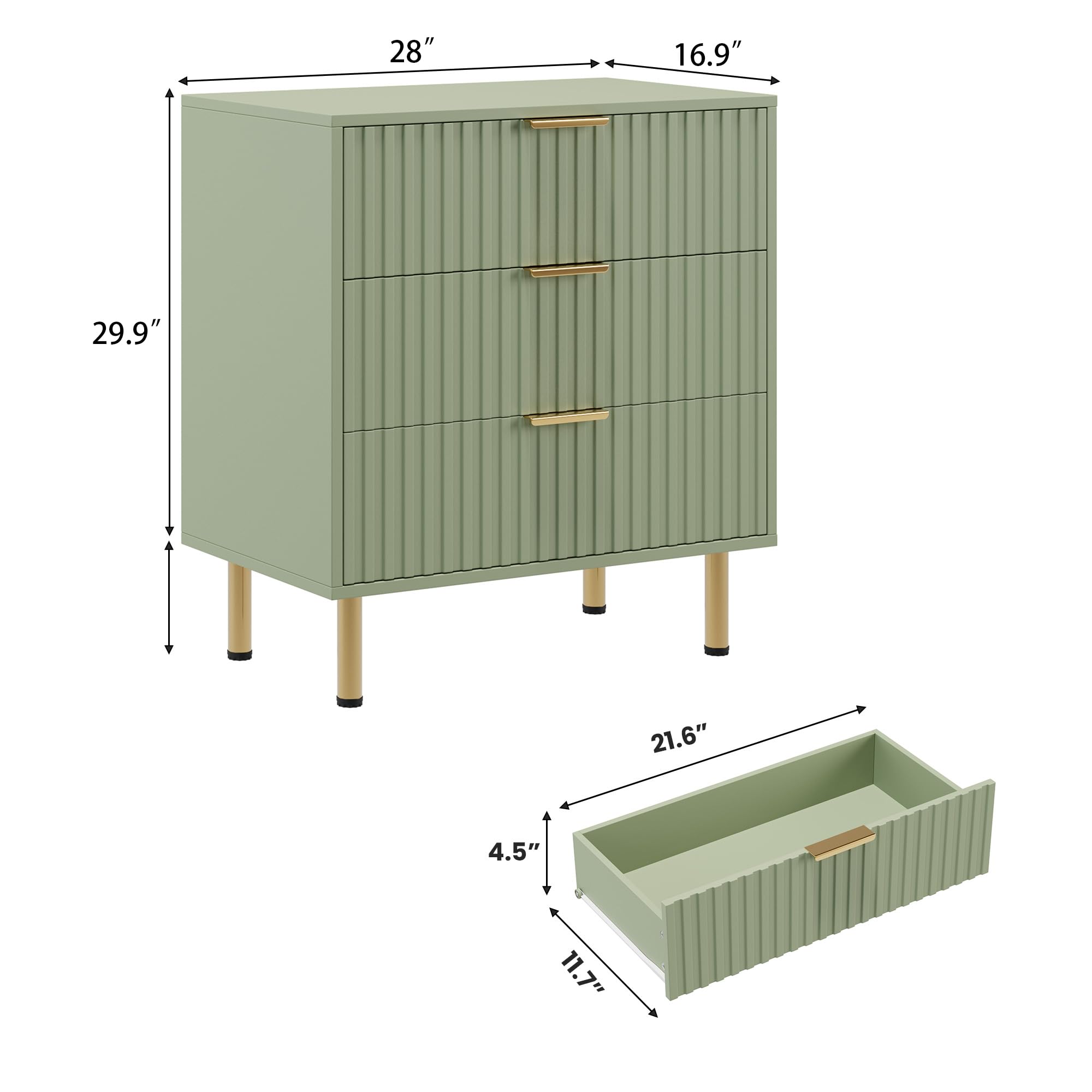 GARVEE 3 Drawer Dresser for Bedroom - Modern Wood Storage Chest with Gold Metal Handles, Anti-Tip Design, Large Nightstand Organizer | Entryway, Hallway & Living Room Furniture | Green Dresser for Home Decor & Organization