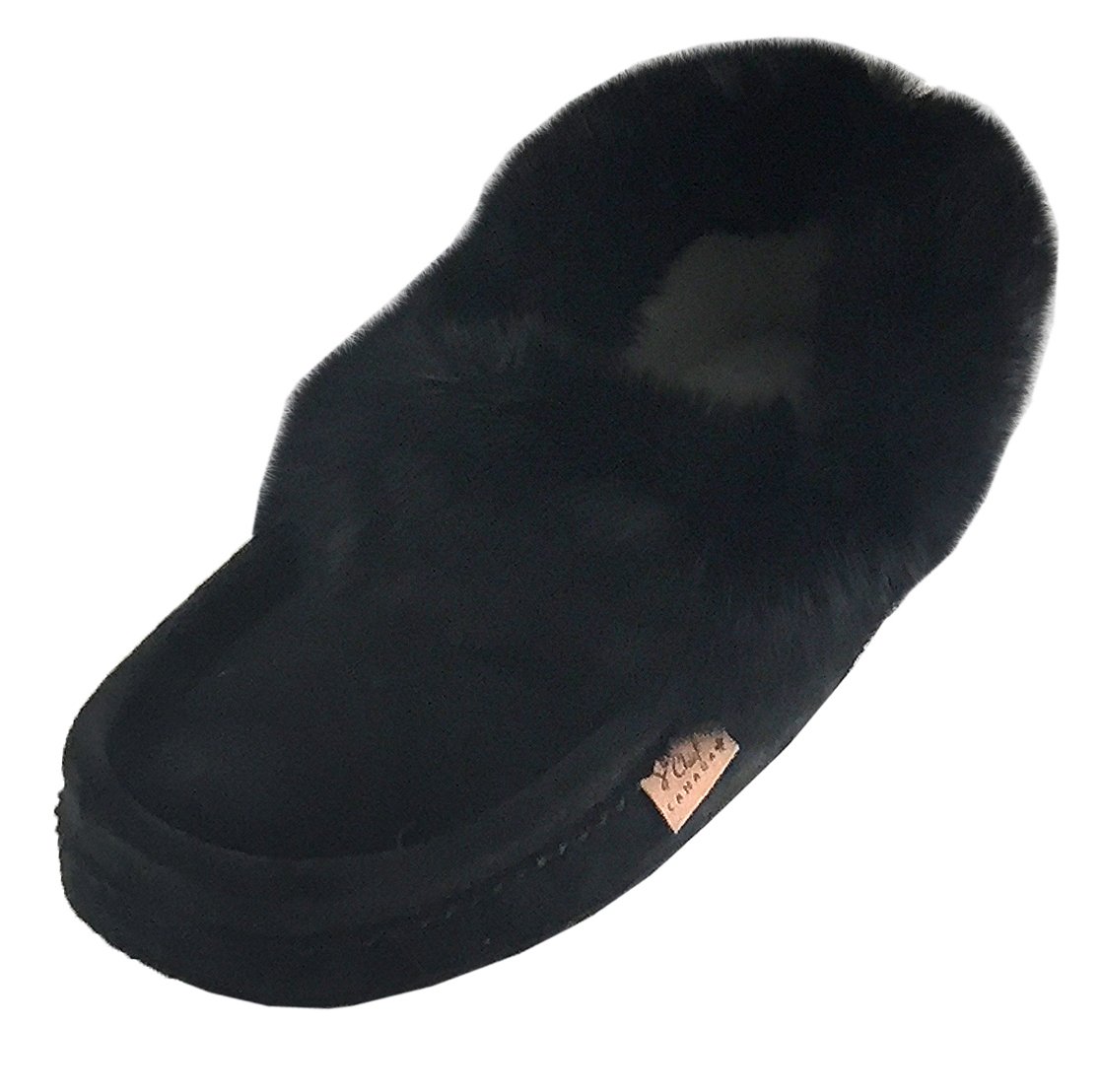 **Laurentian Chief Men's Suede Moccasin Slippers with Rabbit Fur Collar - Soft Sole, Black - Cozy Indoor & Outdoor Winter House Shoes for Relaxing**