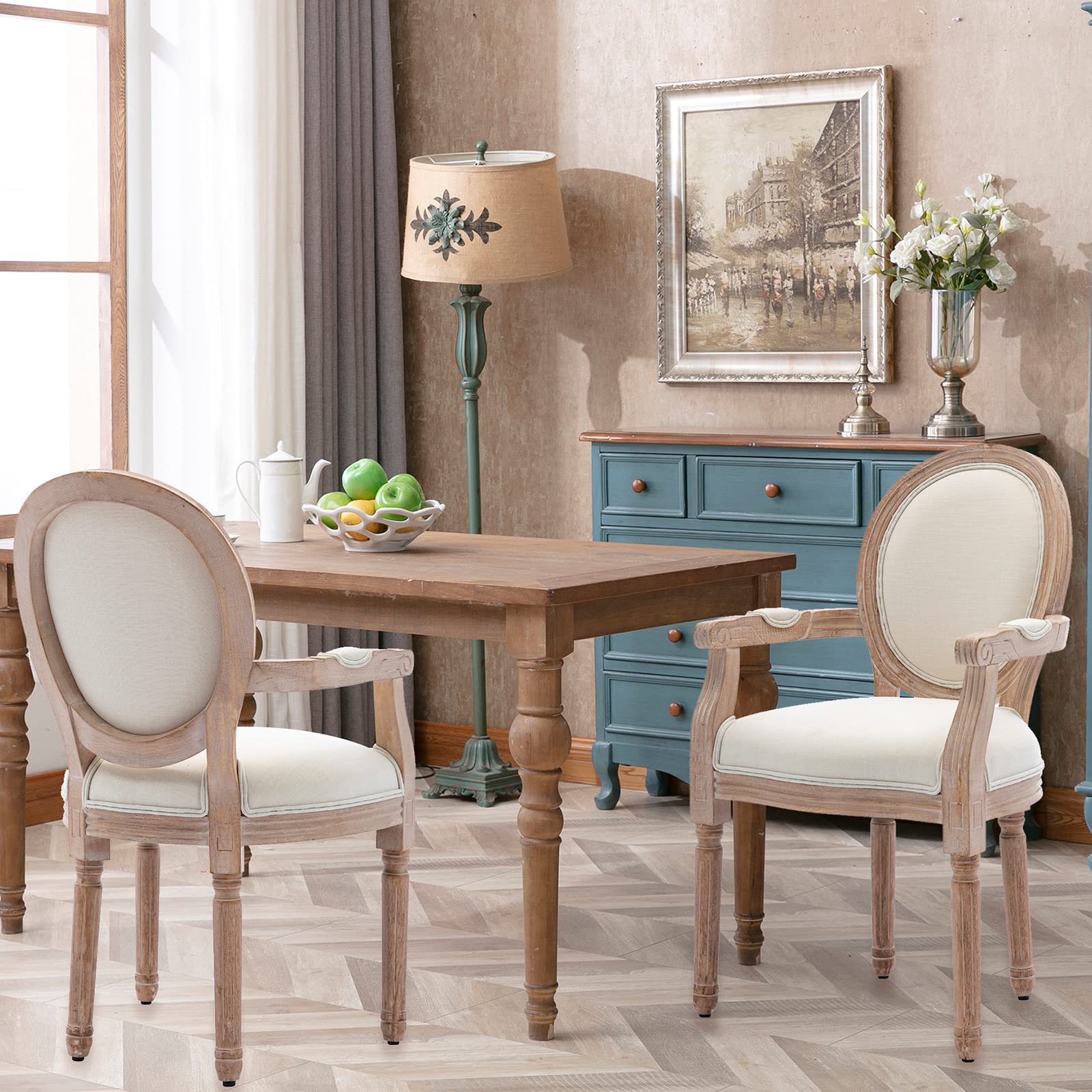 SSLine Set of 2 French Dining Chairs with Armrests - Solid Wood Farmhouse Kitchen Chairs, Retro Round Back Upholstered in Linen - Perfect for Dining Room, Living Room & Bedroom Decor