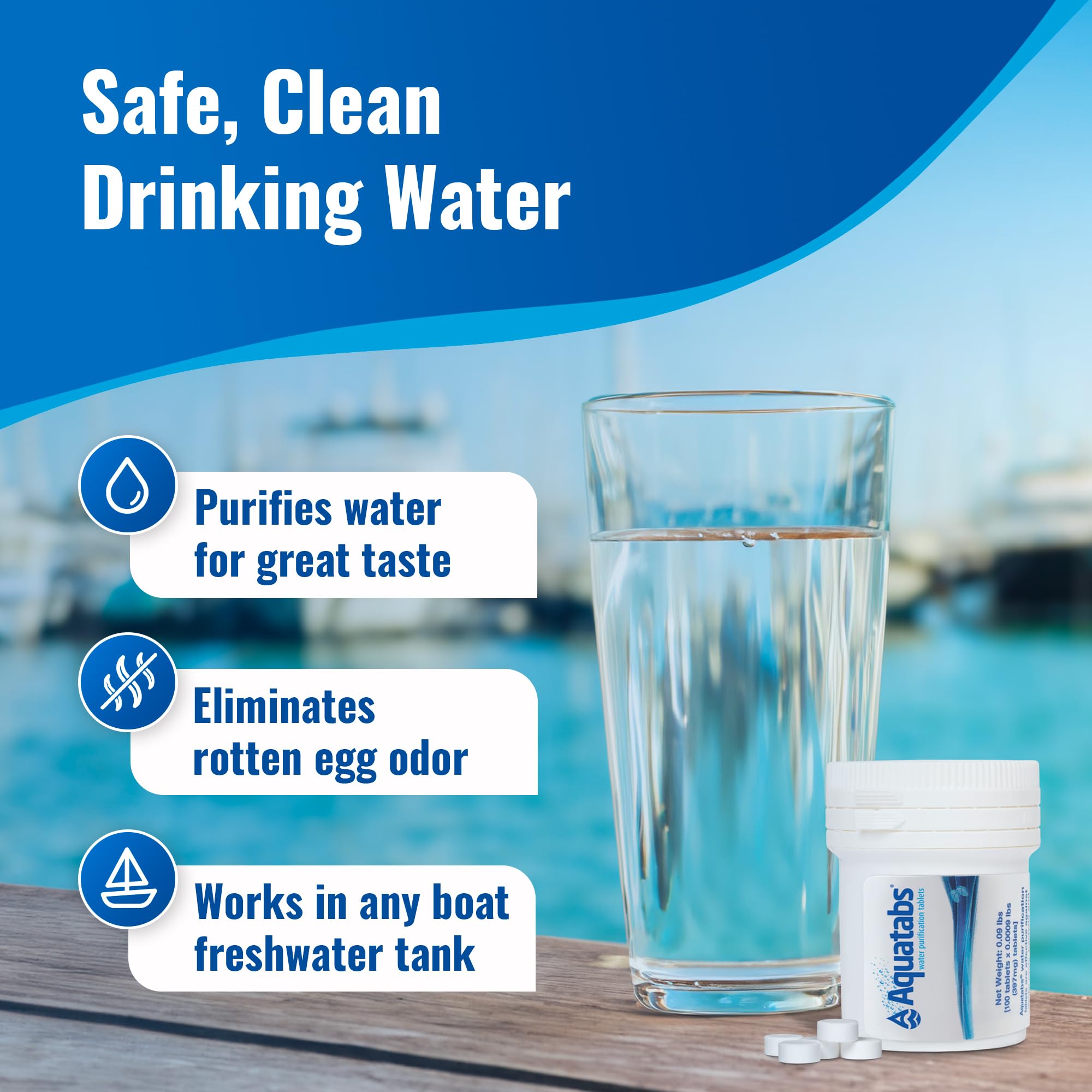 Aquatabs Water Purification Tablets (200 Count) with 50 Chlorine Test Strips - Emergency Water Treatment Kit for Camping, Hiking, Travel, Boating & RV - Safe Drinking Water Solution by Aquamarine