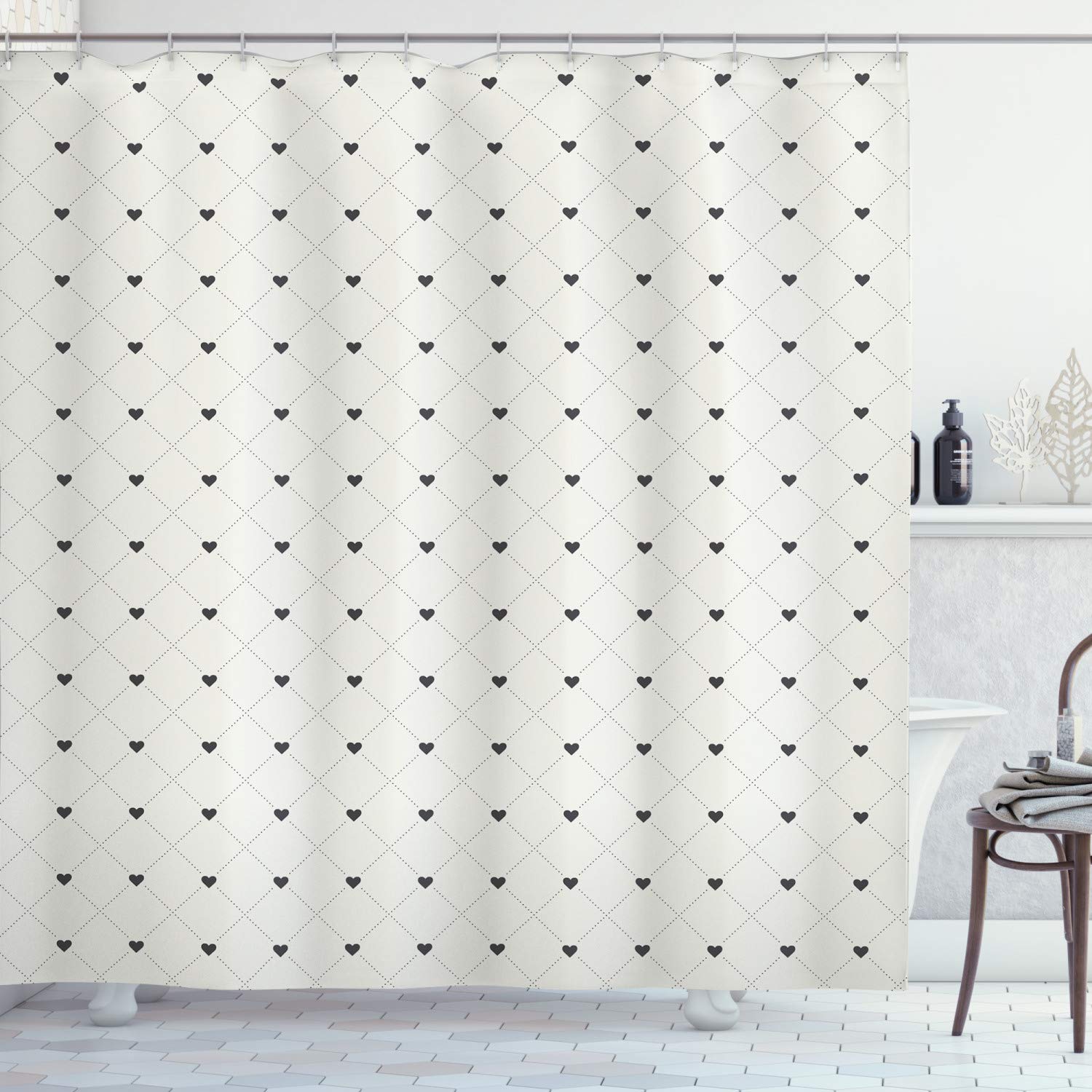 Ambesonne Abstract Shower Curtain - Modern Heart & Diagonal Dotted Square Design - Waterproof Fabric Bathroom Decor with Hooks - 69x84 Inches - Dark Grey & Coconut - Perfect for Contemporary Bathrooms & Spa-Like Retreats