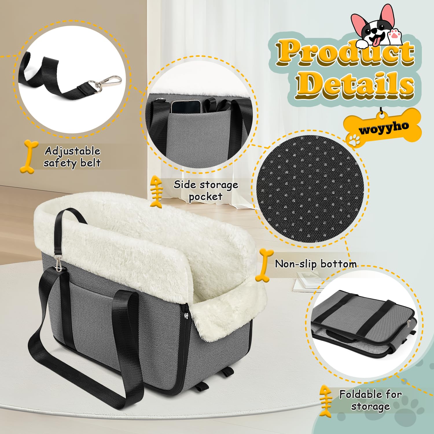 WOYYHO Foldable Dog Car Seat for Small Dogs up to 17 lbs - Portable Pet Booster Seat with Removable Velvet Liner, Safety Tether & Anti-Slip Waterproof Design - Perfect for Car Travel, Road Trips & Daily Commutes