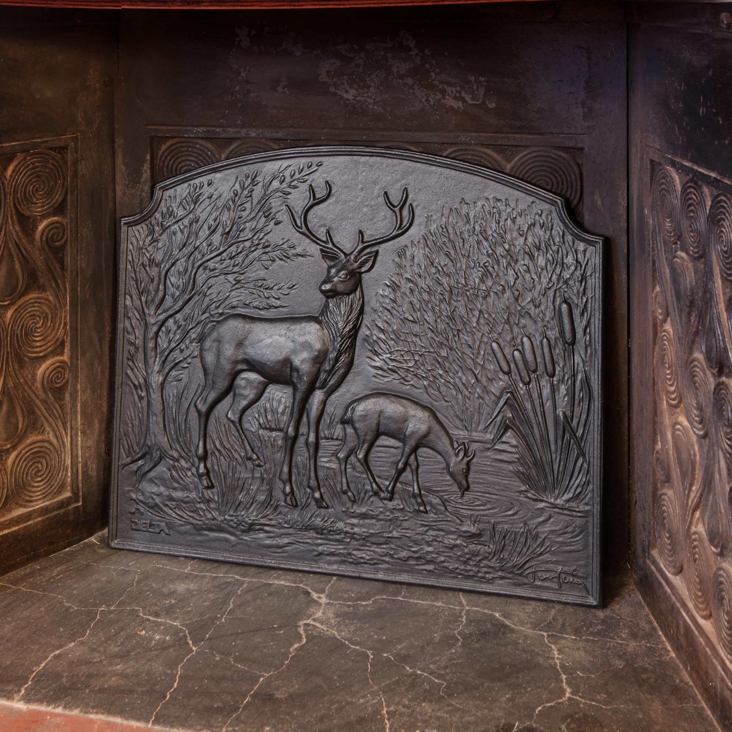 Black Deer Fireback - Decorative Fireplace Back Panel for Rustic & Traditional Home Decor - Perfect for Living Room, Cabin, or Lodge Fireplace Enhancement