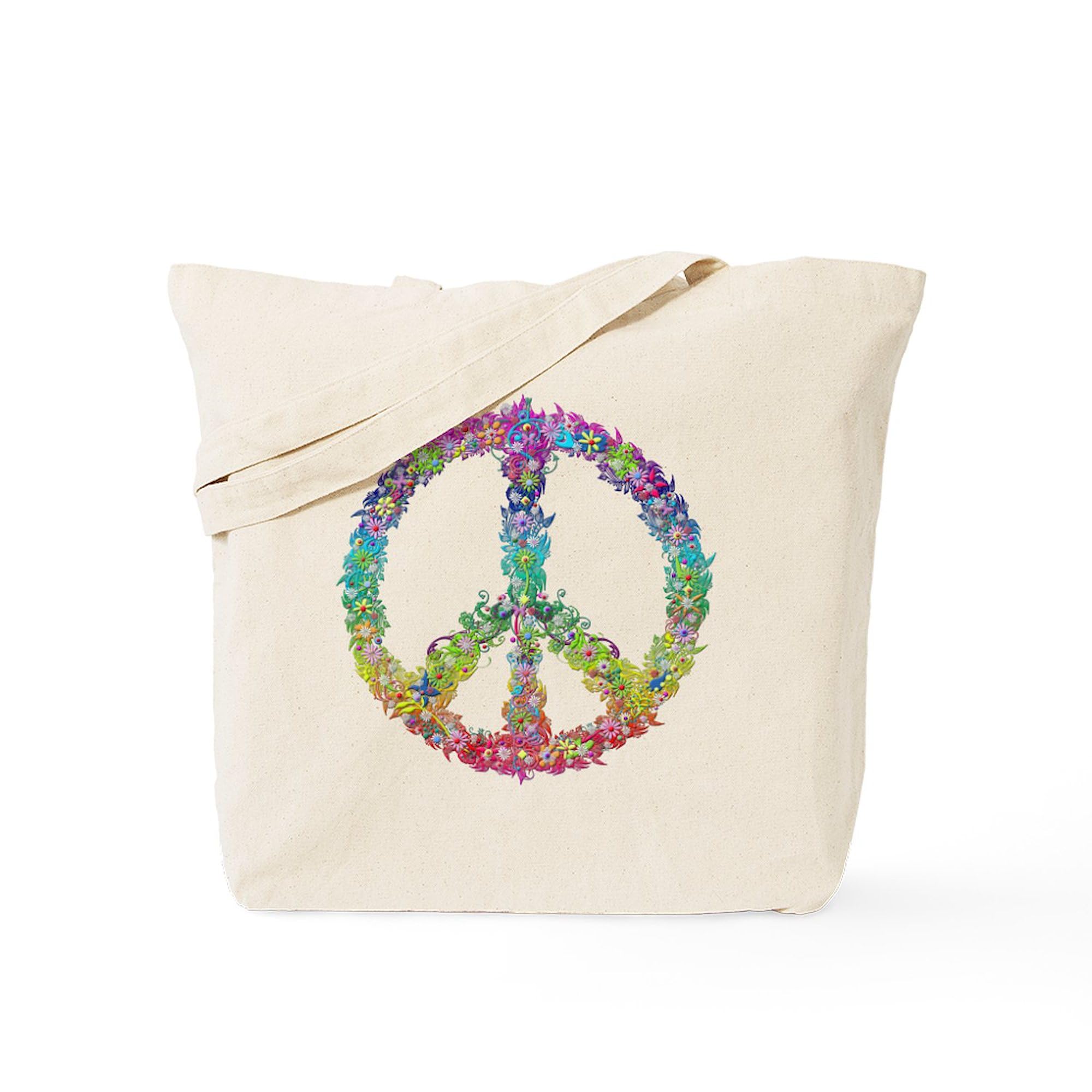Eco-Friendly Natural Canvas Tote Bag - Peace Of Flowers Design | Reusable Shopping & Grocery Bag for Women | Perfect for Beach, Farmers Market & Daily Use